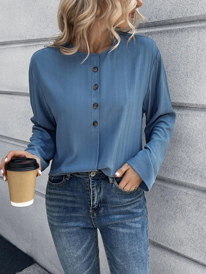 Ivy Lane Half Button Long Sleeve Blouse nicholesgifts