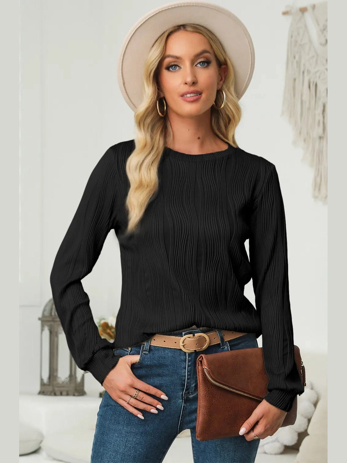 Textured Round Neck Long Sleeve Blouse NicholesGifts
