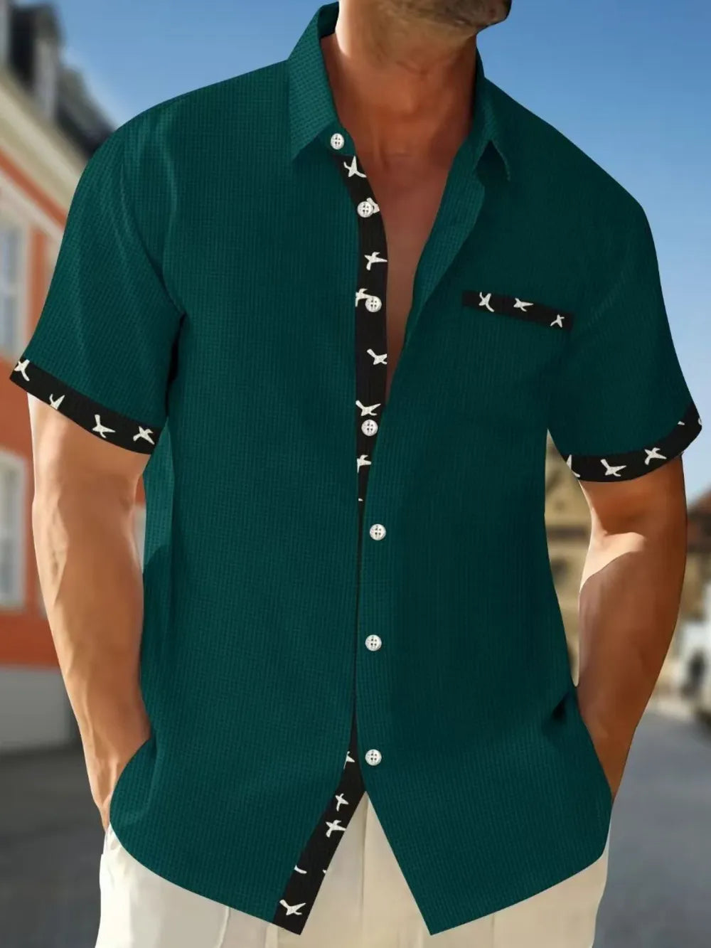 Men's Full Size Contrast Trim Waffle Knit Short Sleeve Shirt Plus Size NicholesGifts