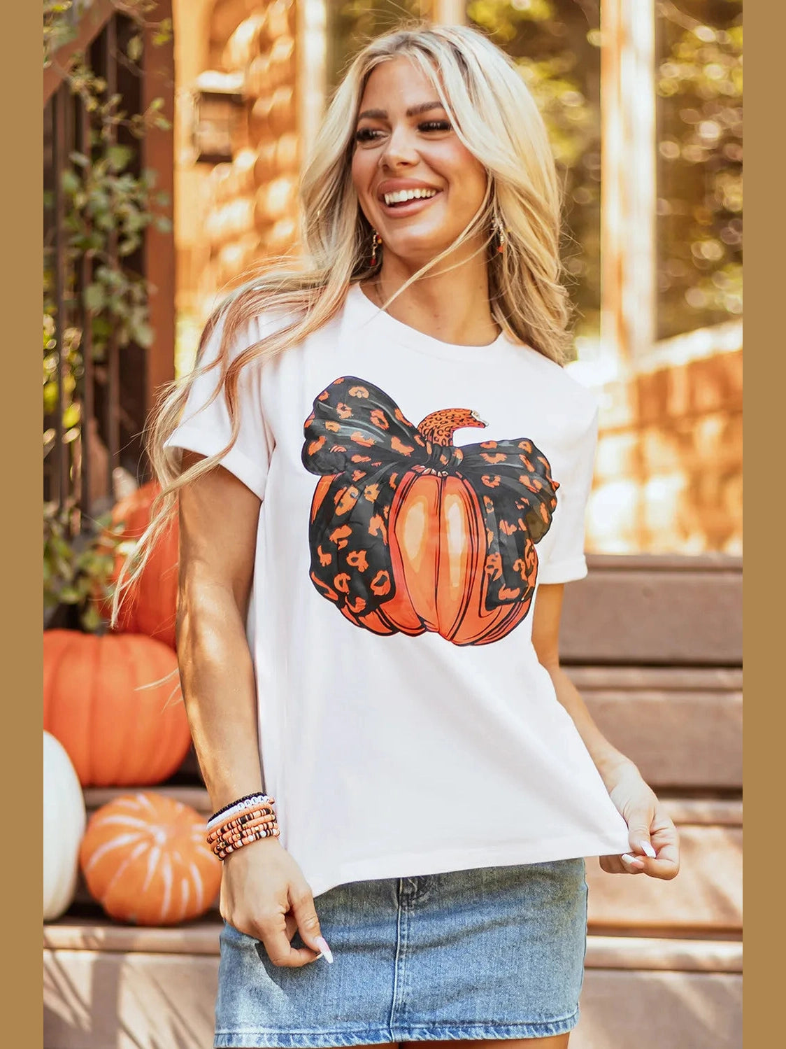 Pumpkin Round Neck Short Sleeve T-Shirt Trendsi