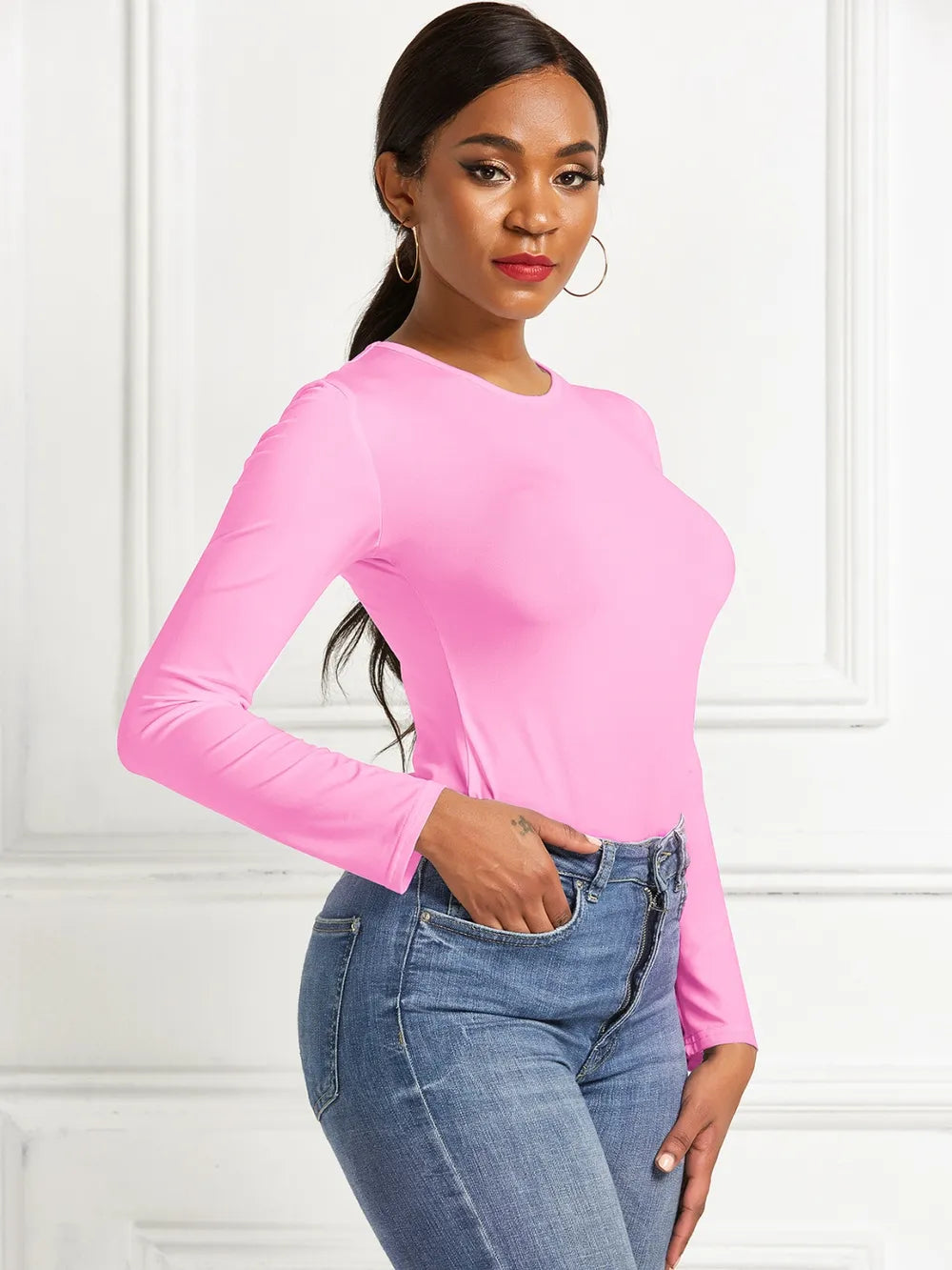 Round Neck Long Sleeve Bodysuit nicholesgifts