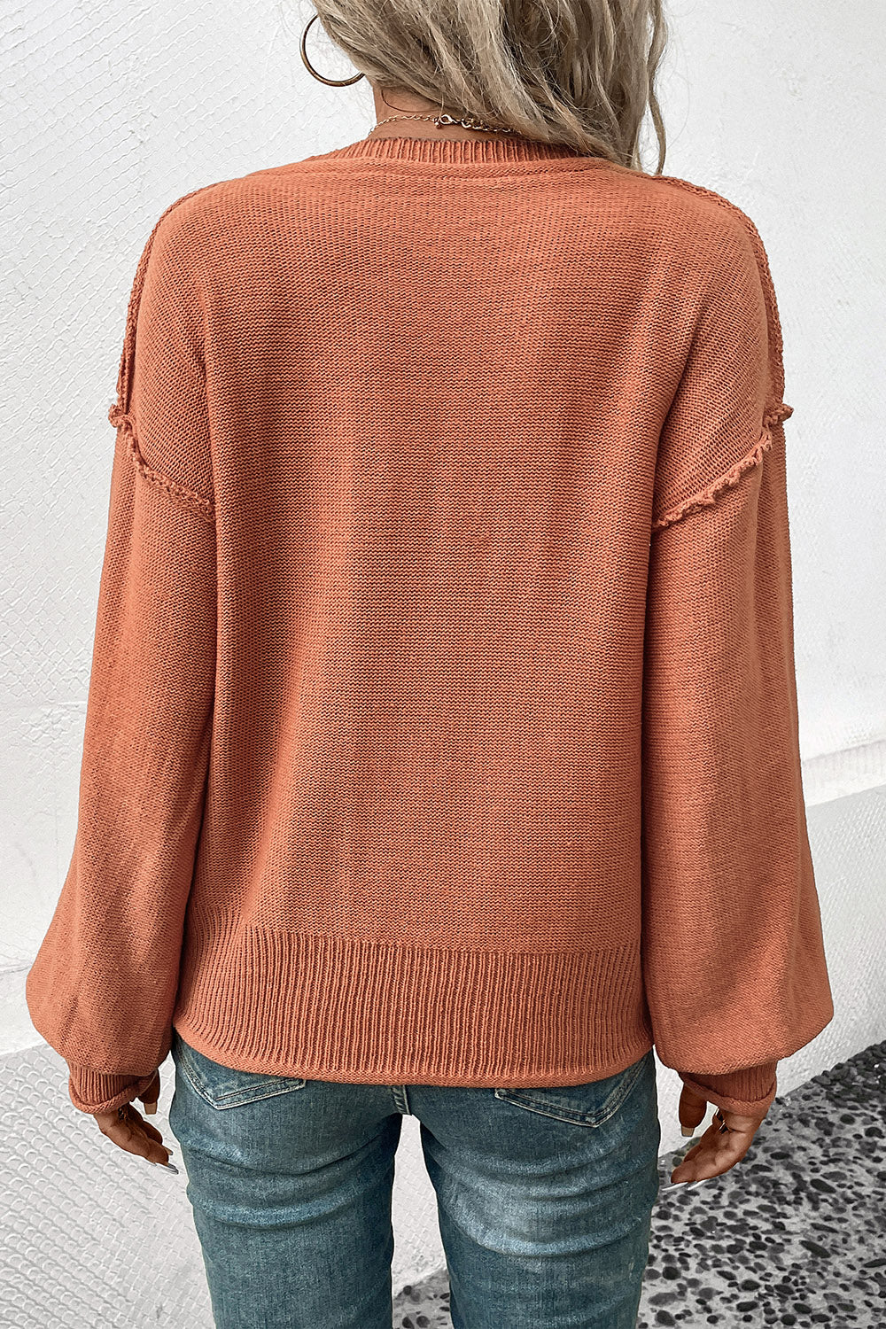 Perfee V-Neck Exposed Seam Sweater Trendsi