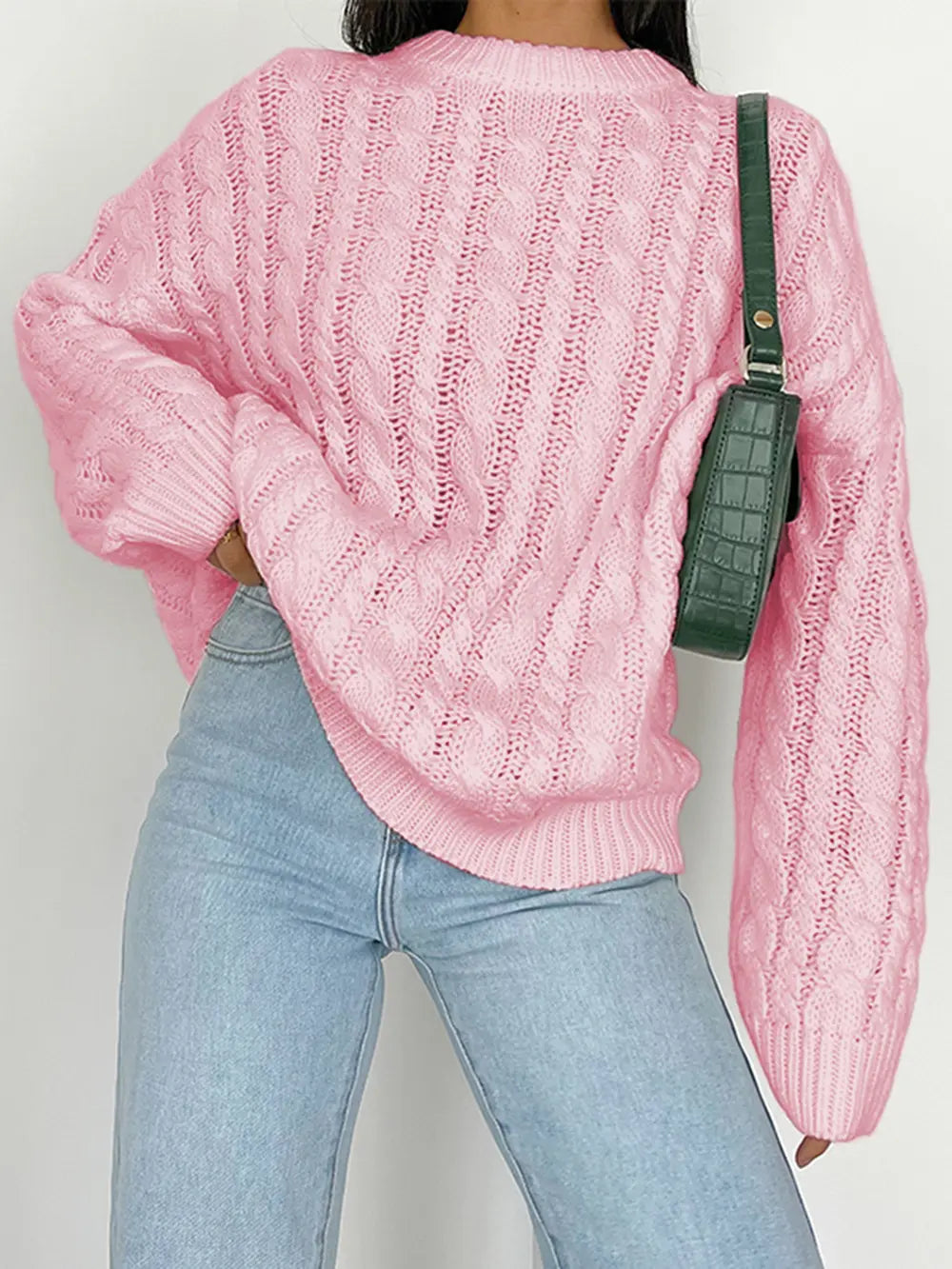 Openwork Round Sleeve Cable-Knit Sweater Trendsi