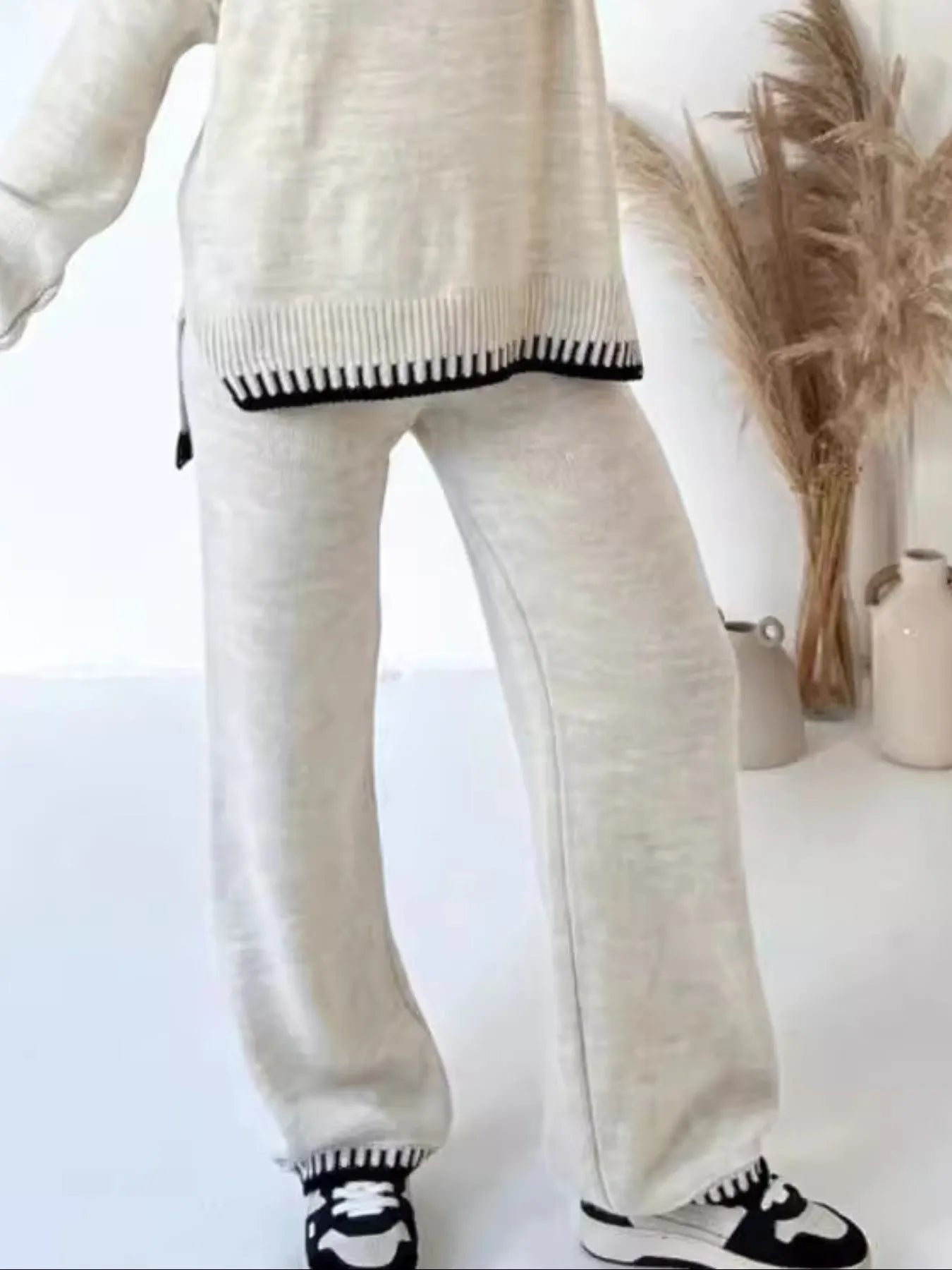 Contrast Trim Round Neck Top and Pants Sweater Set NicholesGifts