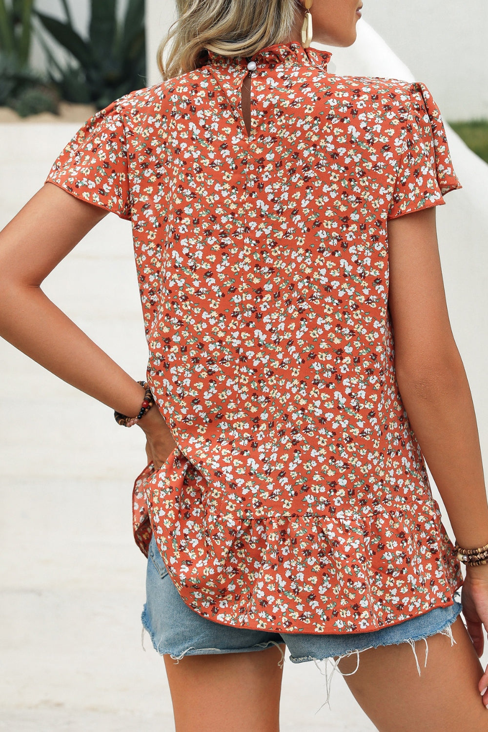 Ditsy Floral Mock Neck Short Sleeve T-Shirt nicholesgifts