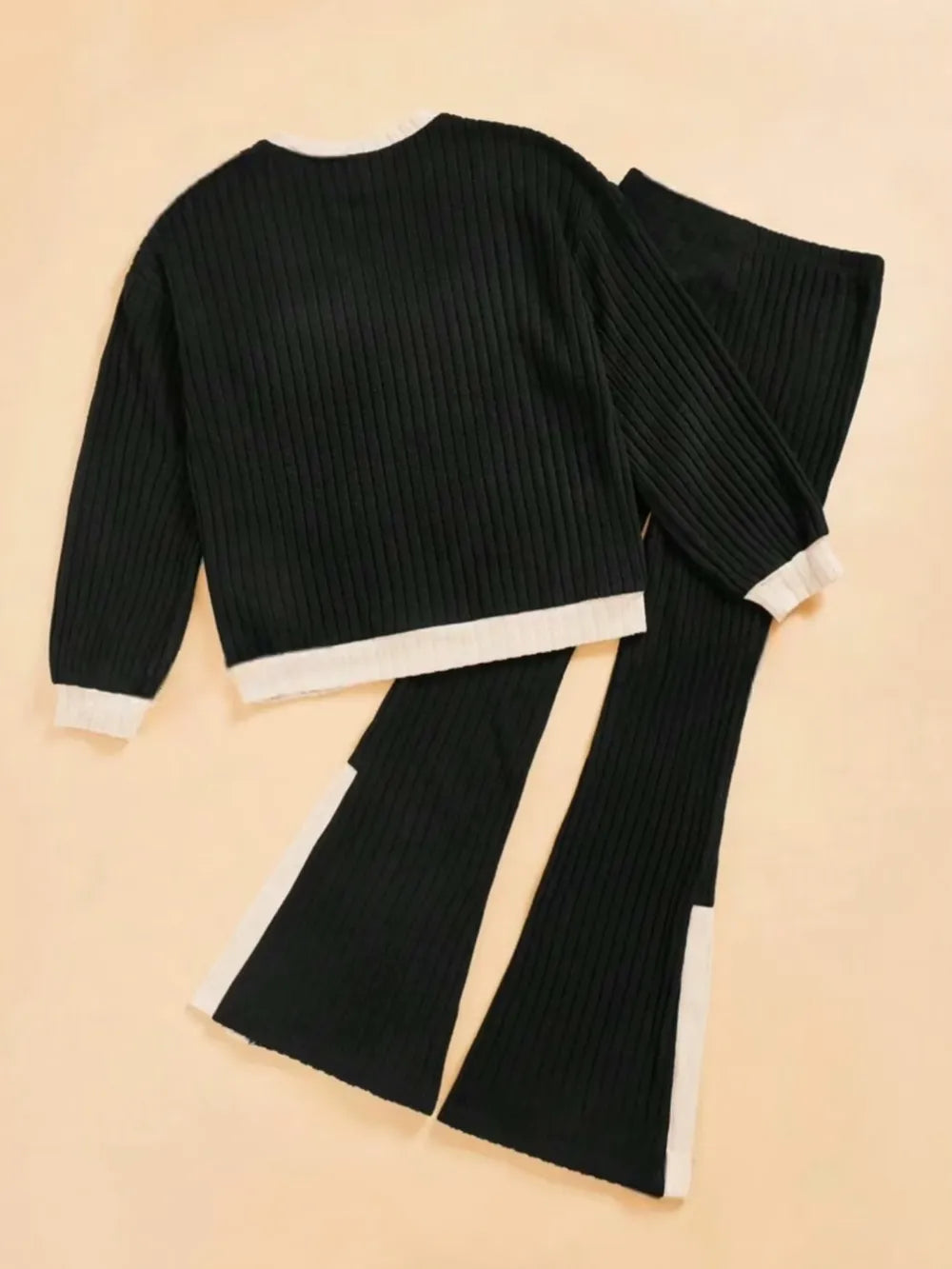 Contrast Round Neck Long Sleeve Top and Bootcut Pants Set nicholesgifts
