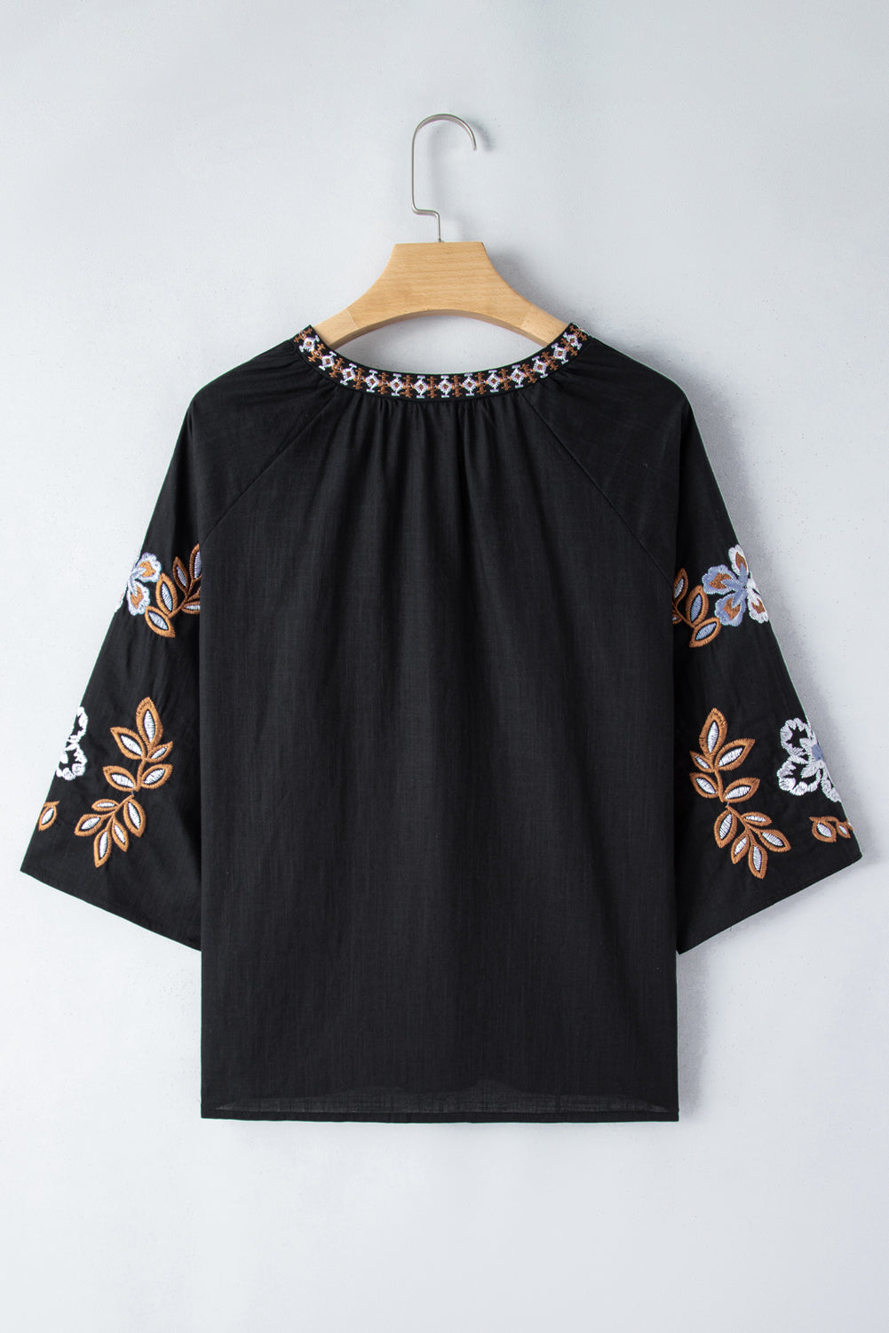 Embroidered V-Neck Three-Quarter Sleeve Blouse nicholesgifts