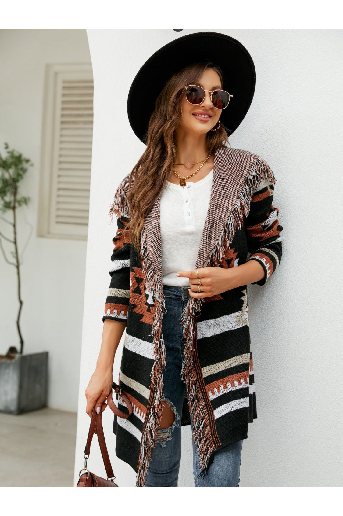 Fringe Geometric Hooded Long Sleeve Cardigan nicholesgifts