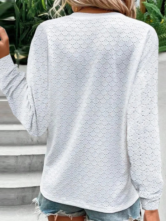 Eyelet Notched Long Sleeve T-Shirt nicholesgifts