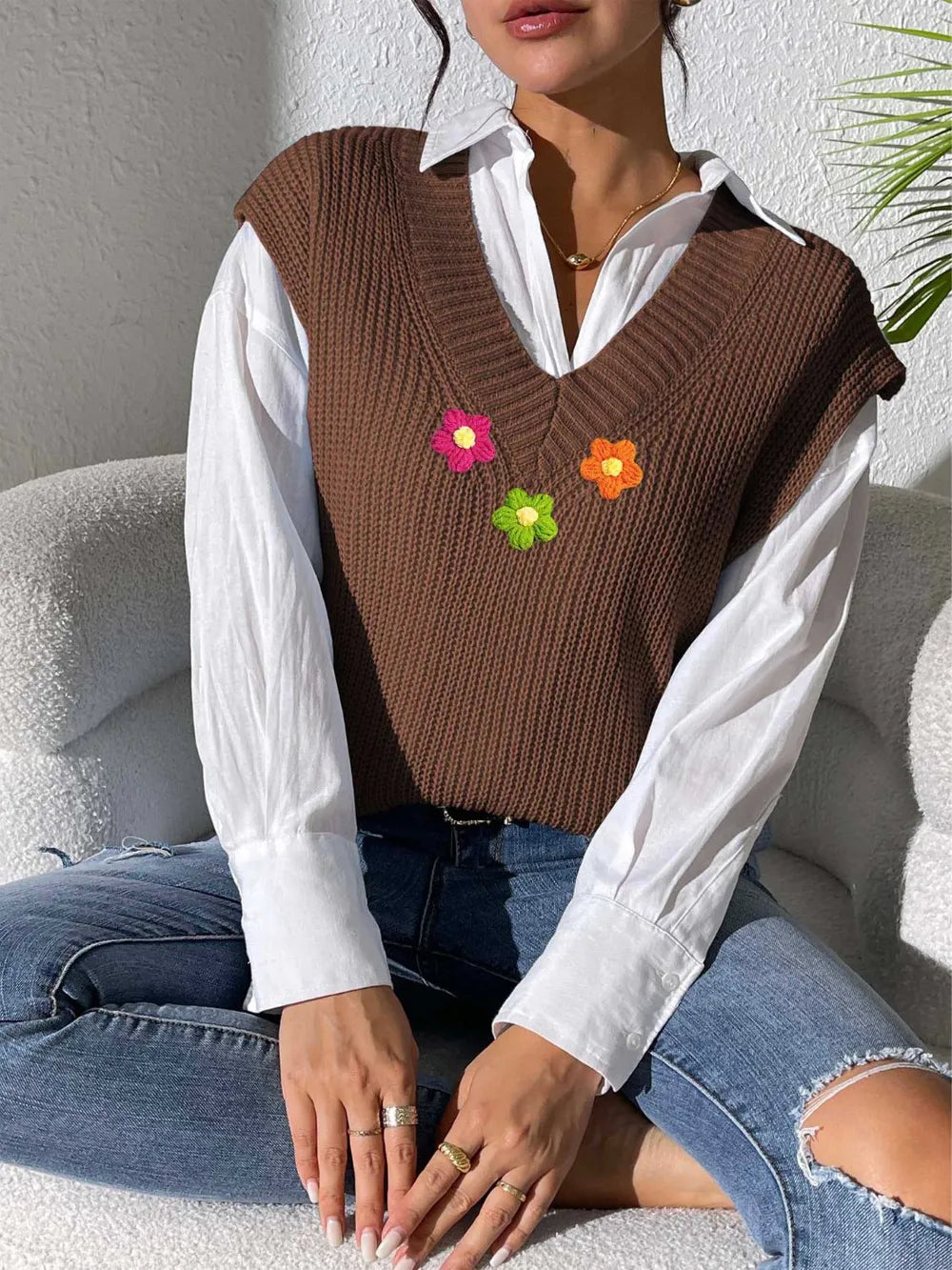 Flower V-Neck Sweater Vest nicholesgifts