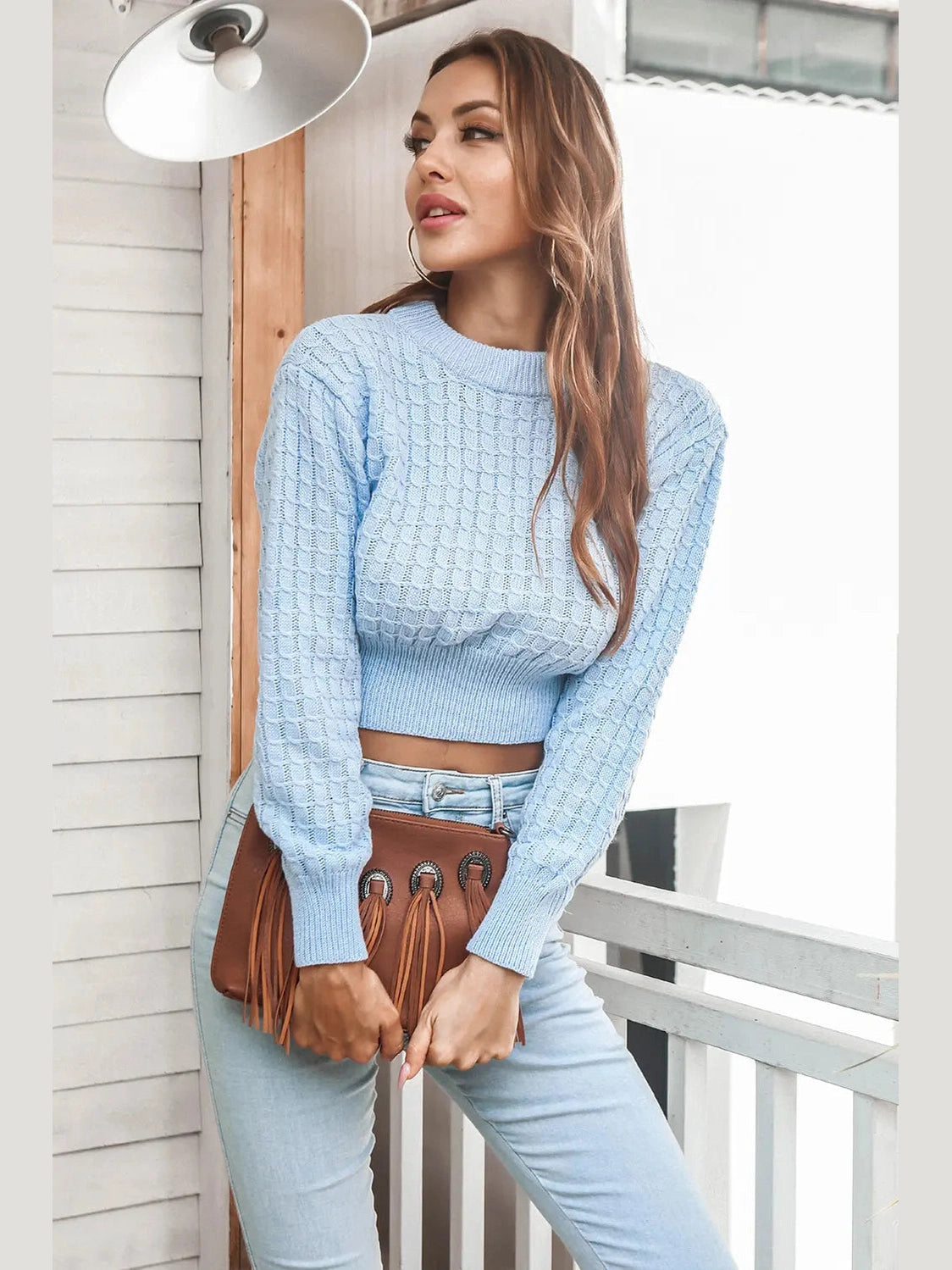 Round Neck Long Sleeve Cropped Sweater Trendsi