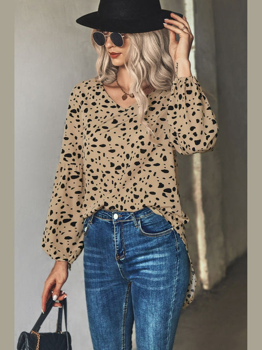 Animal Print V-Neck High-Low Blouse