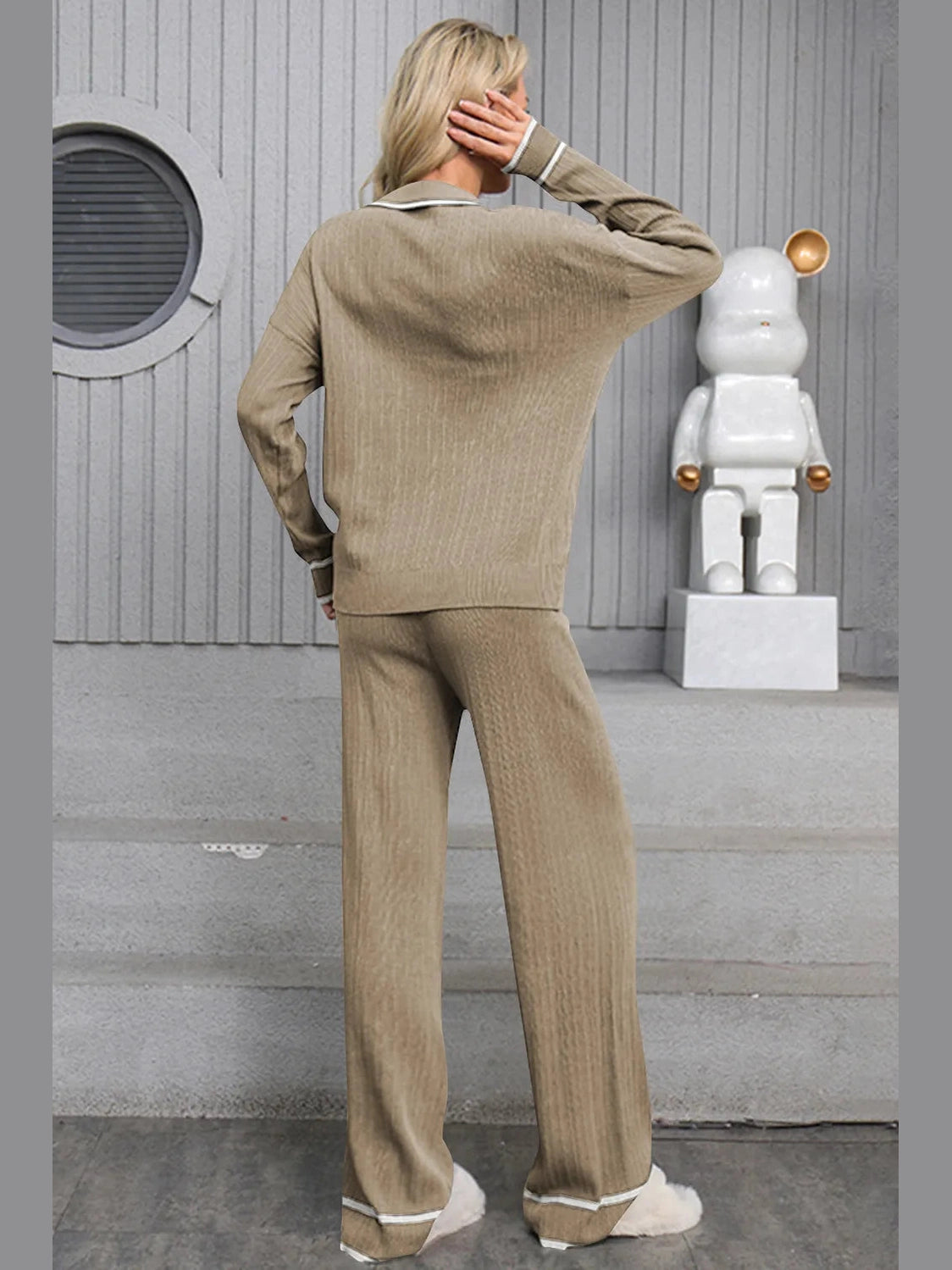 Contrast Trim Johnny Collar Top and Drawstring Pants Sweater Set nicholesgifts