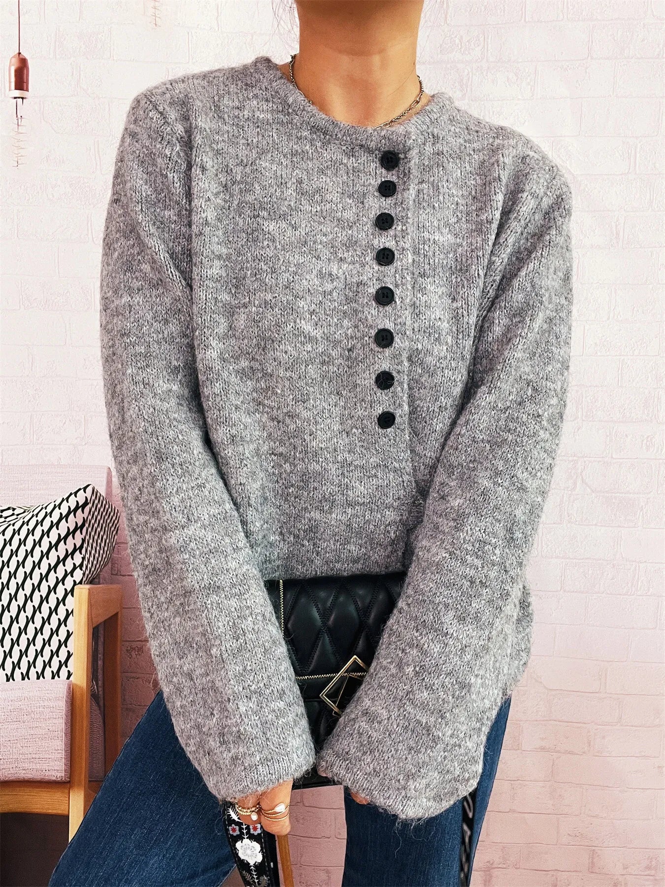 Button-Front Side-Tie Sweater