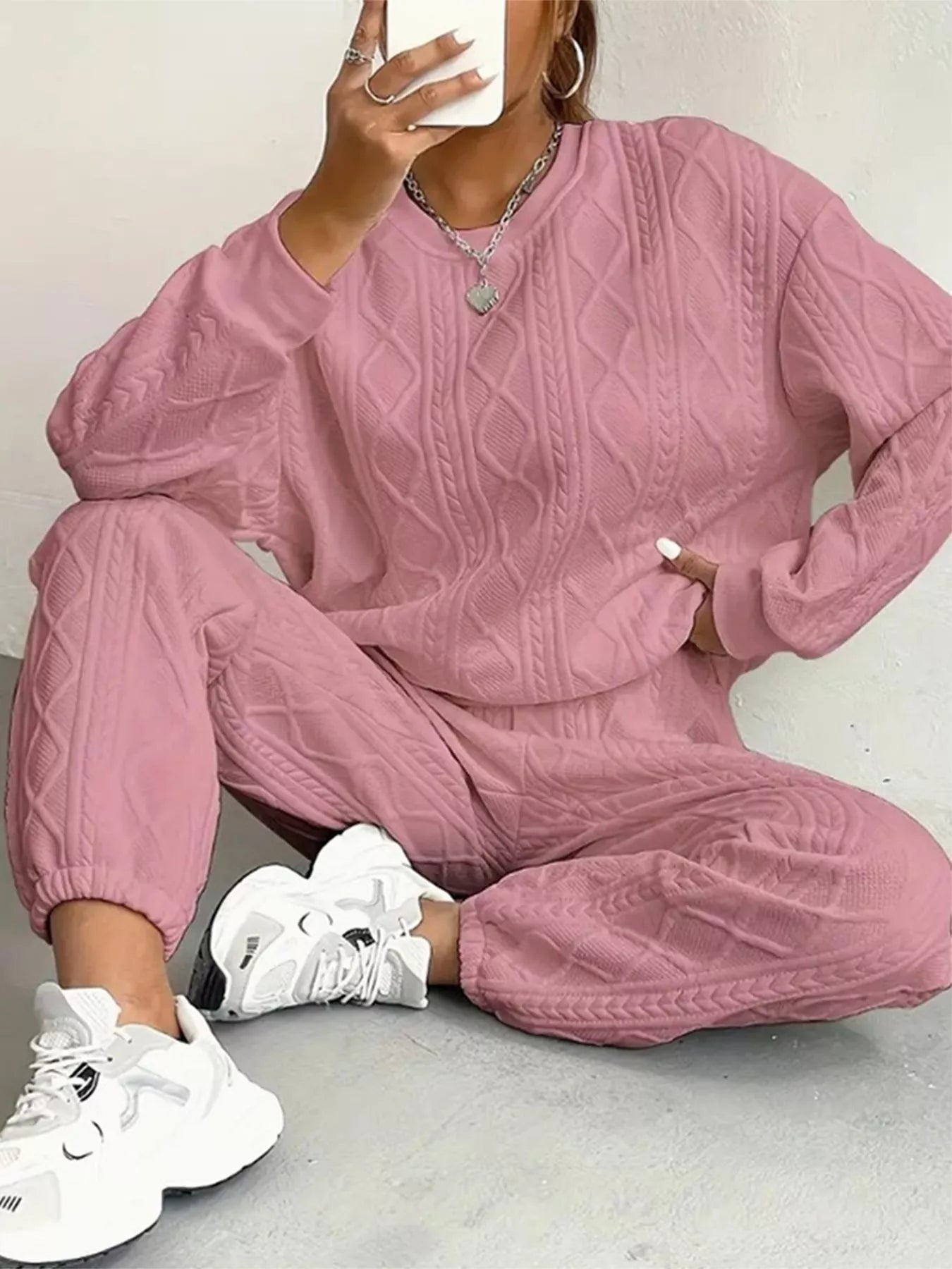 Texture Round Neck Top and Pants Set nicholesgifts