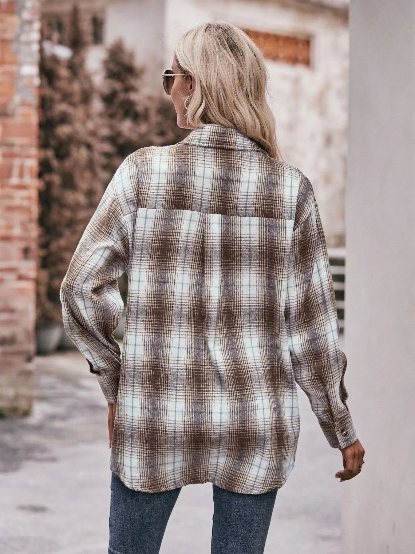 Plaid Button-Down Long Sleeve Shirt Trendsi