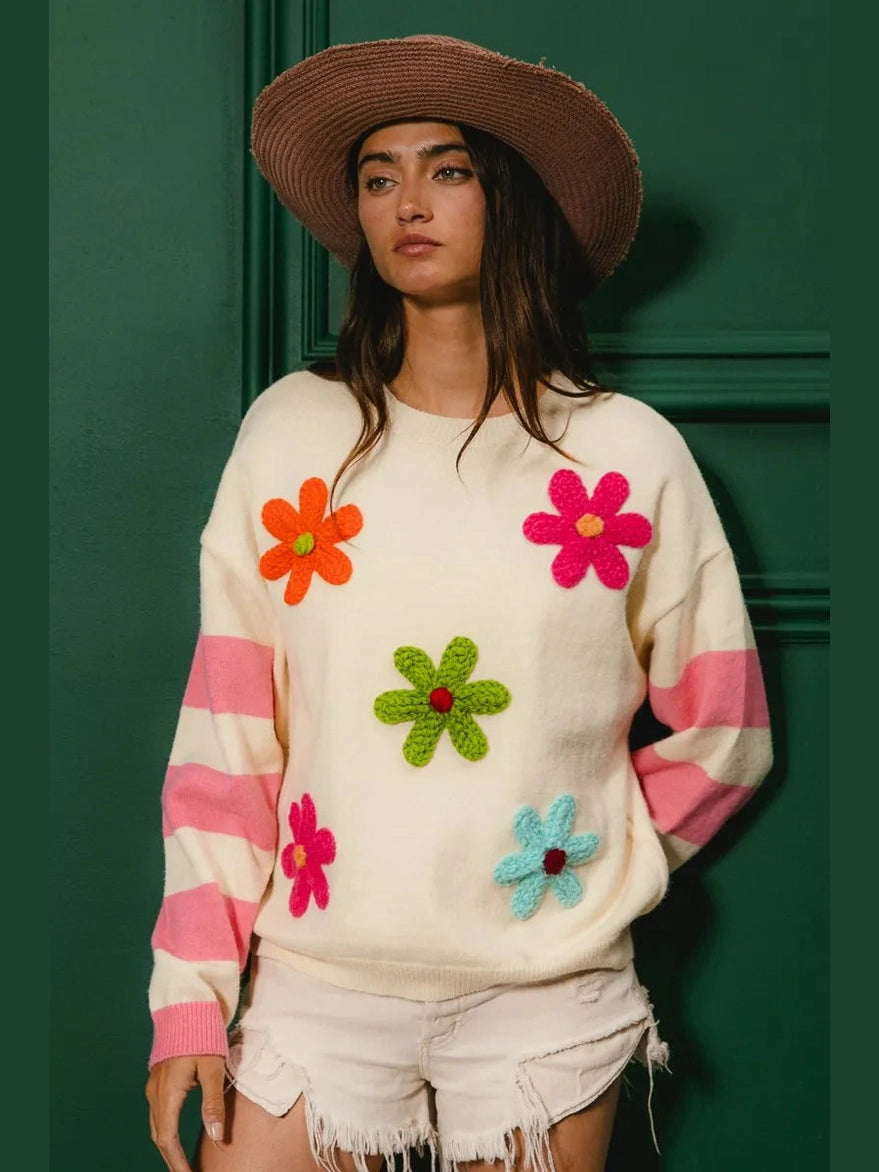 BiBi Colorful Floral Patched Sweater with Striped Sleeve Trendsi