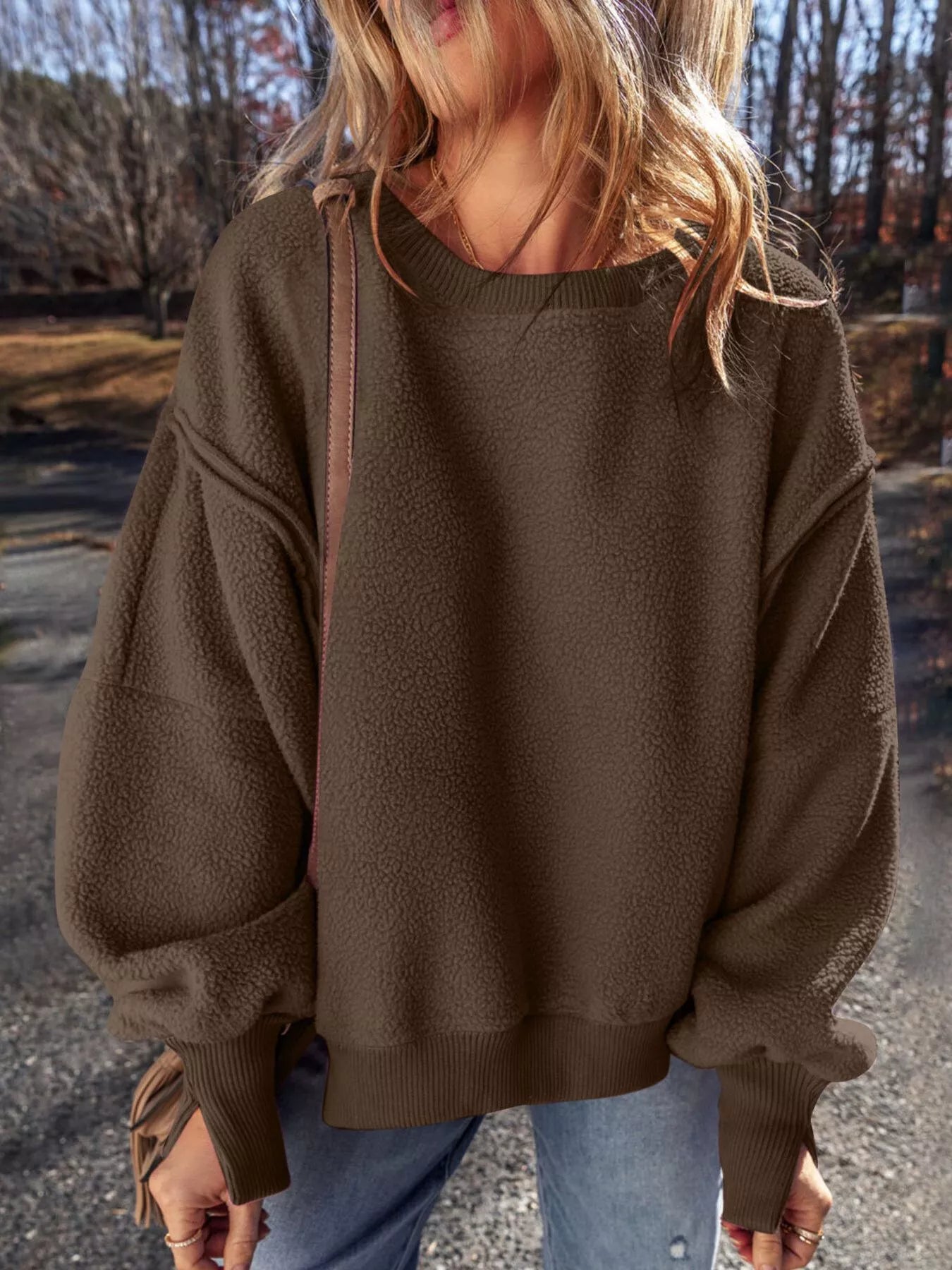 Round Neck Dropped Shoulder Sweatshirt Trendsi