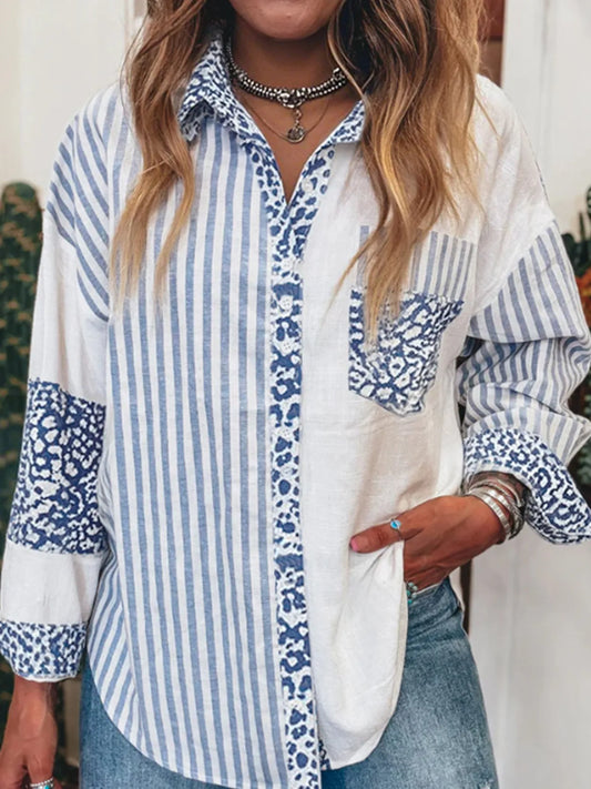 Striped Patchwork Button Down Shirt with Leopard Print Details NicholesGifts