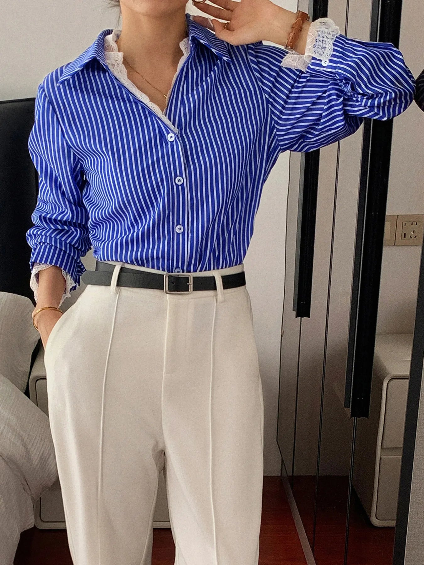 Striped Button-Down Shirt with Lace Detail NicholesGifts