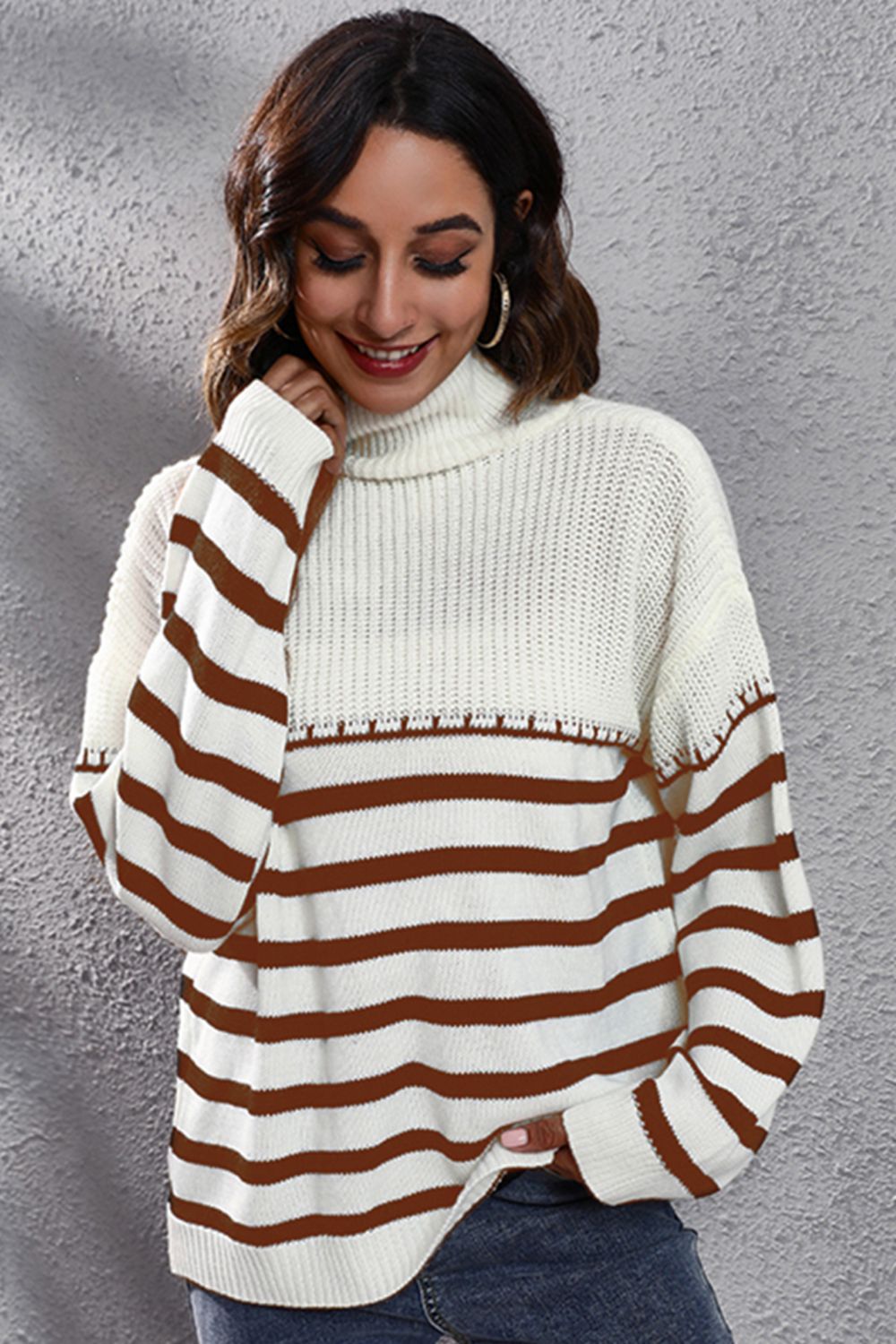 Striped Turtleneck Drop Shoulder Sweater nicholesgifts
