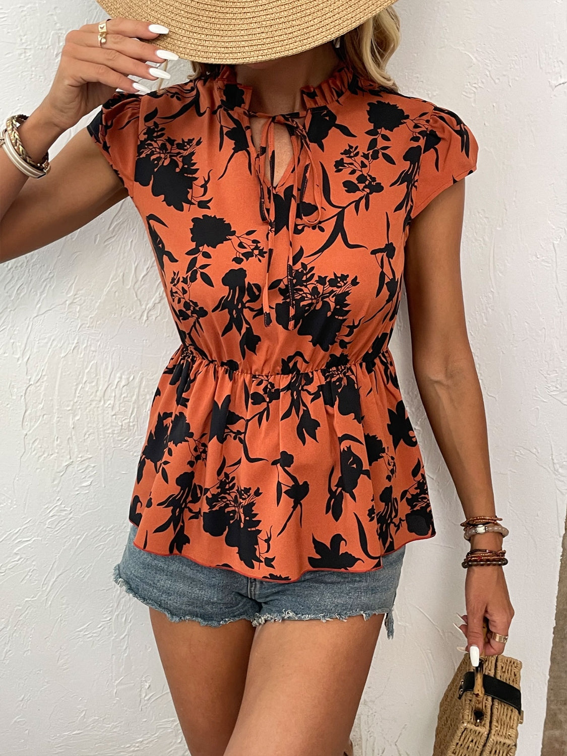 Printed Tie Neck Cap Sleeve Blouse nicholesgifts