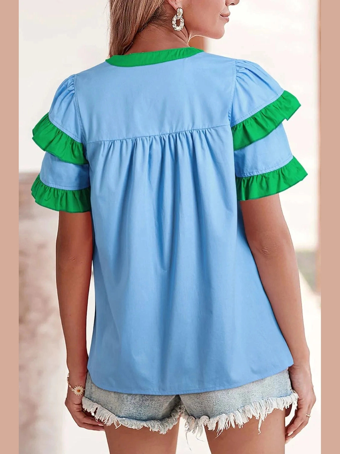 Contrast Notched Neck Frilly Detail Short Sleeve Blouse NicholesGifts