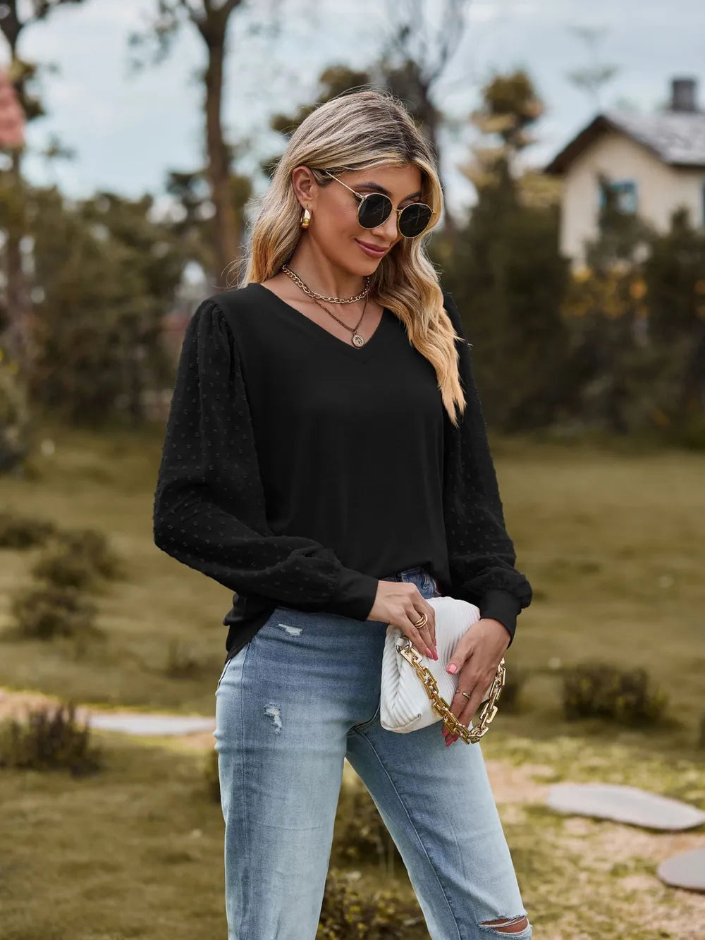 Swiss Dot V-Neck Long Sleeve Blouse NicholesGifts