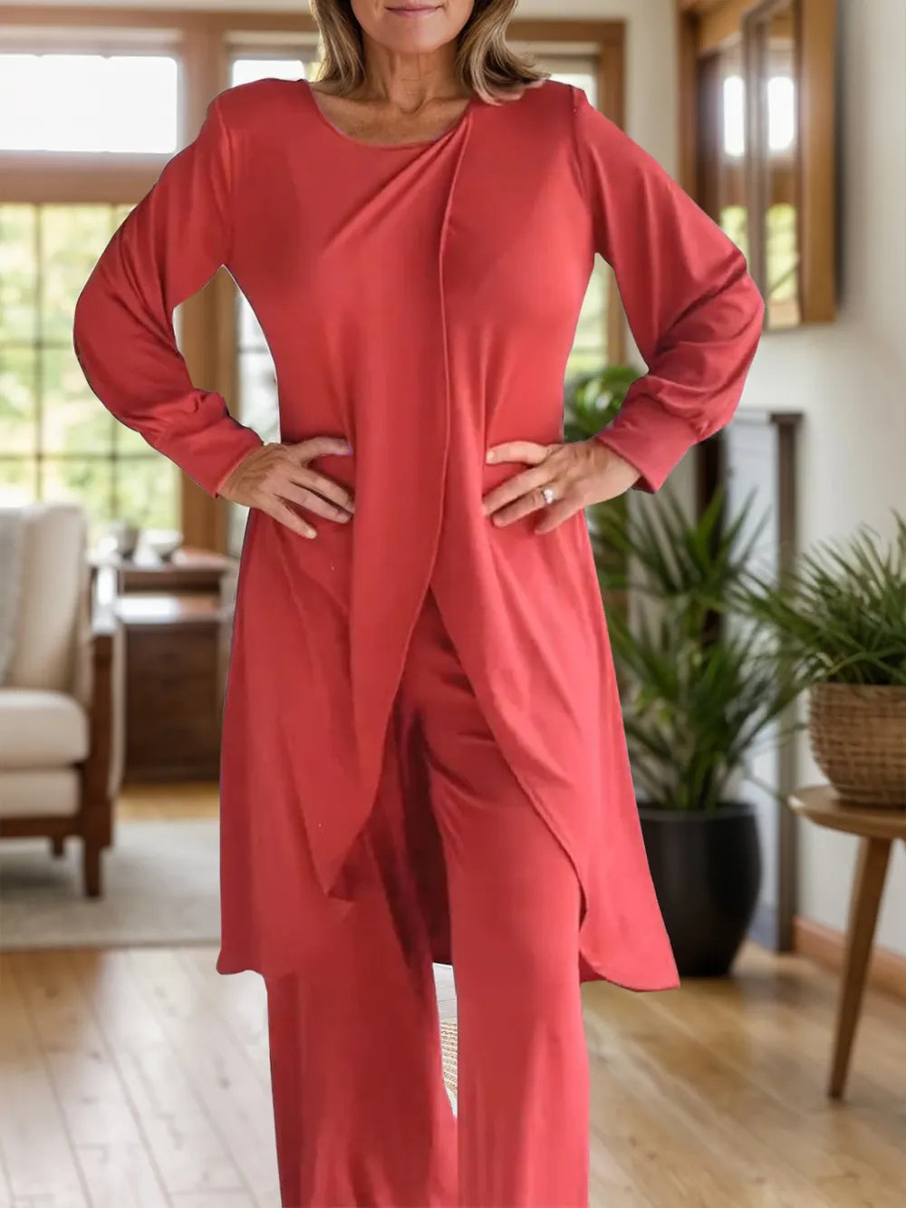 Full Size Slit Round Neck Long Sleeve Top and Pants Set Trendsi