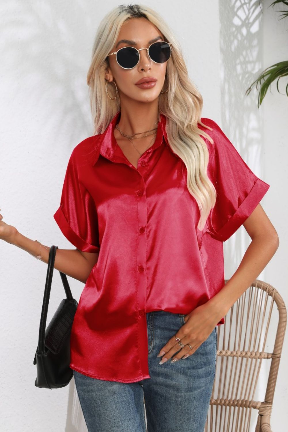 Women Collared Neck Short Sleeve Shirt nicholesgifts