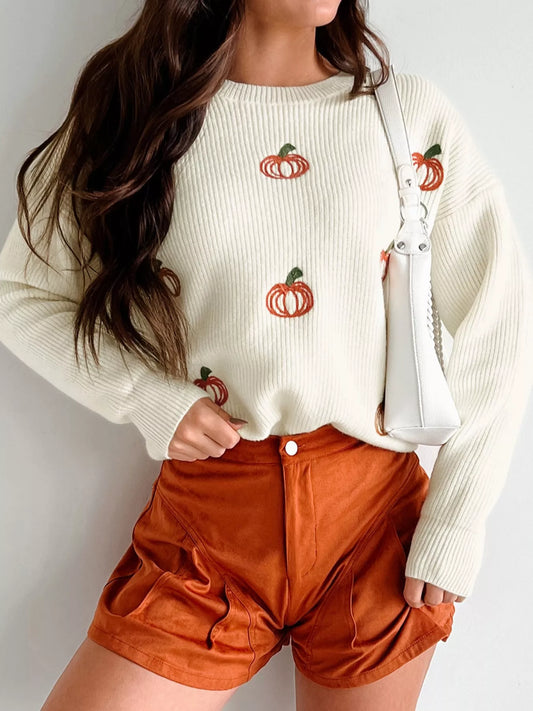 Halloween Pumpkin Embroidered Round Neck Long Sleeve Sweater Trendsi
