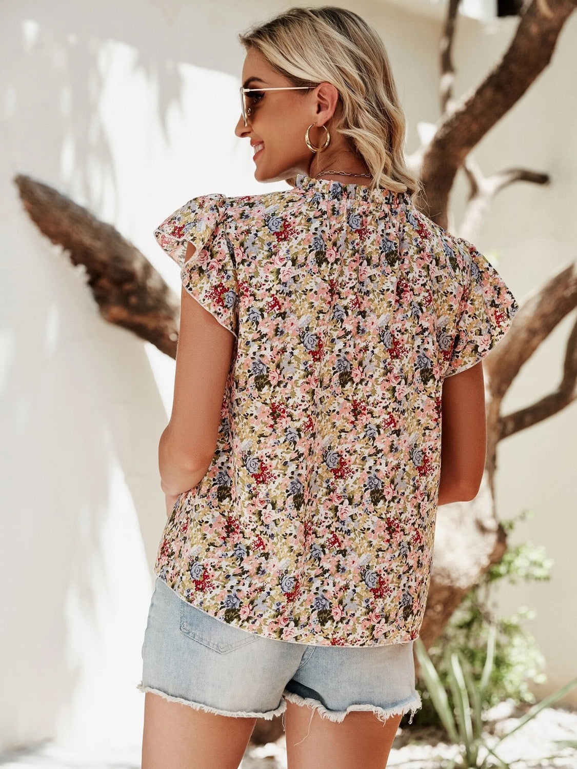 Floral Notched Cap Sleeve Blouse nicholesgifts