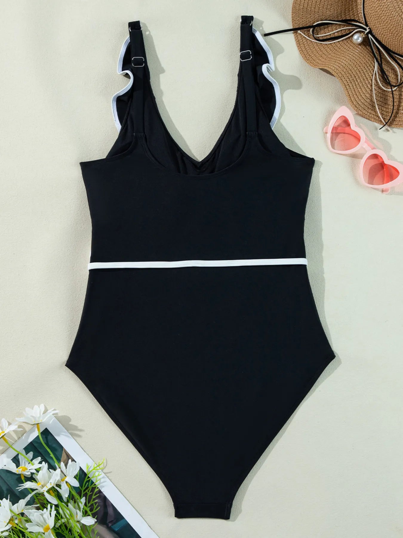 Women Ruffle Trim V-Neck One-Piece Swimsuit nicholesgifts