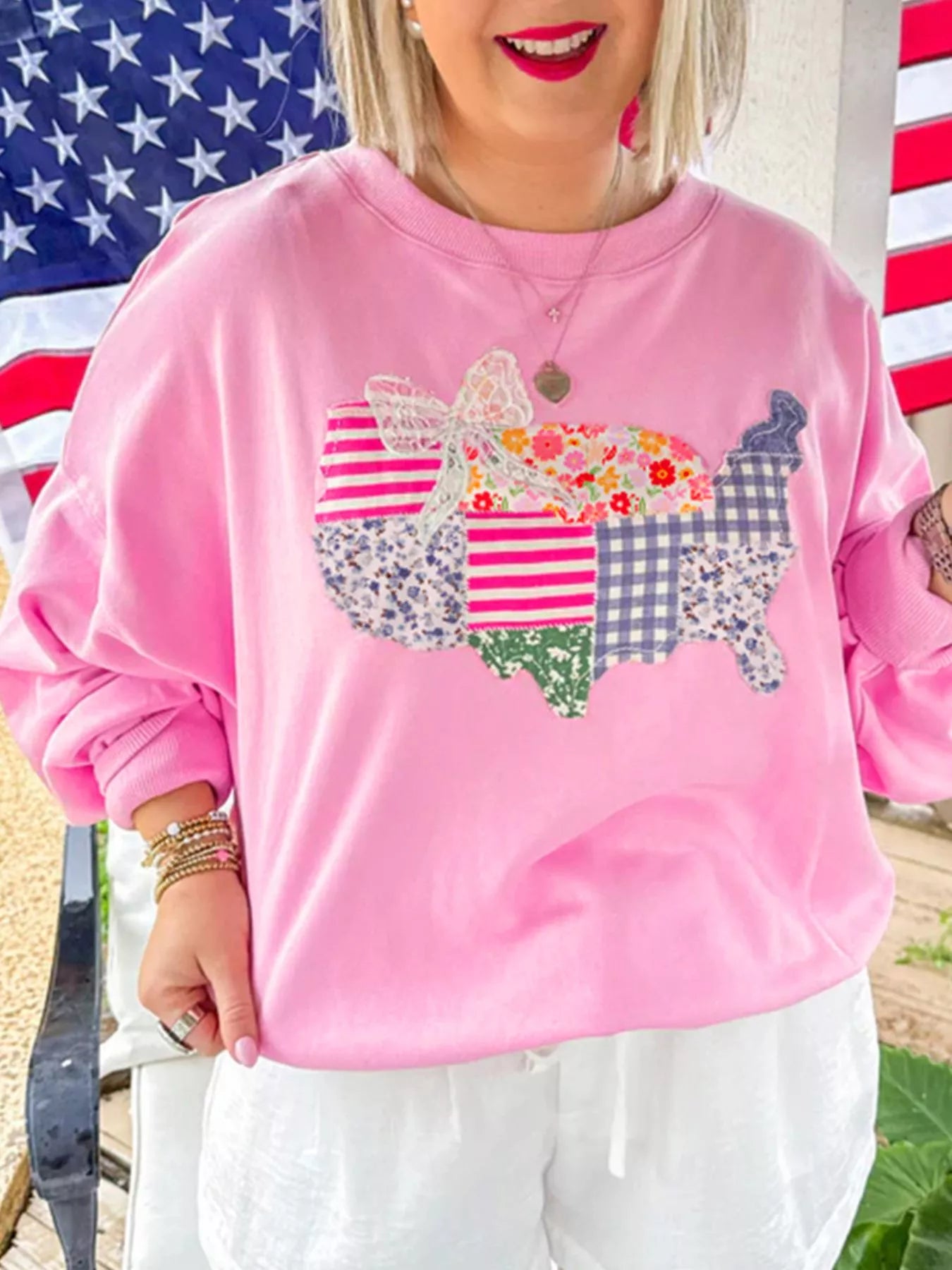 USA Map Patched Long Sleeve Sweatshirt Trendsi