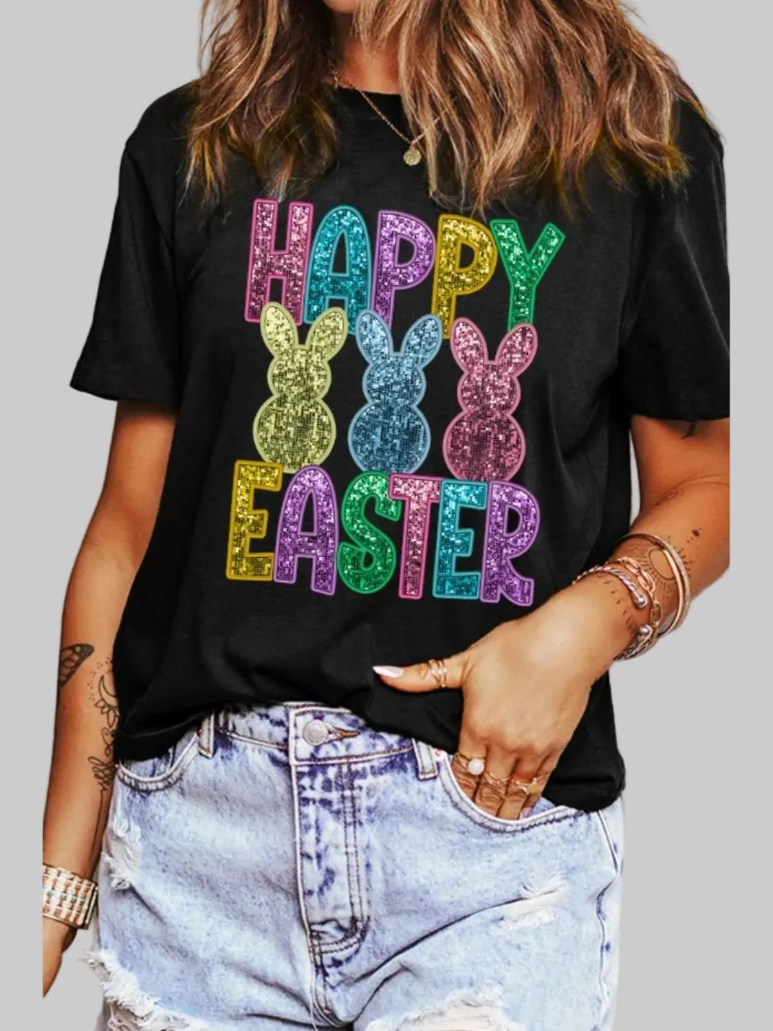 HAPPY EASTER Sequin Bunny Round Neck T-Shirt nicholesgifts