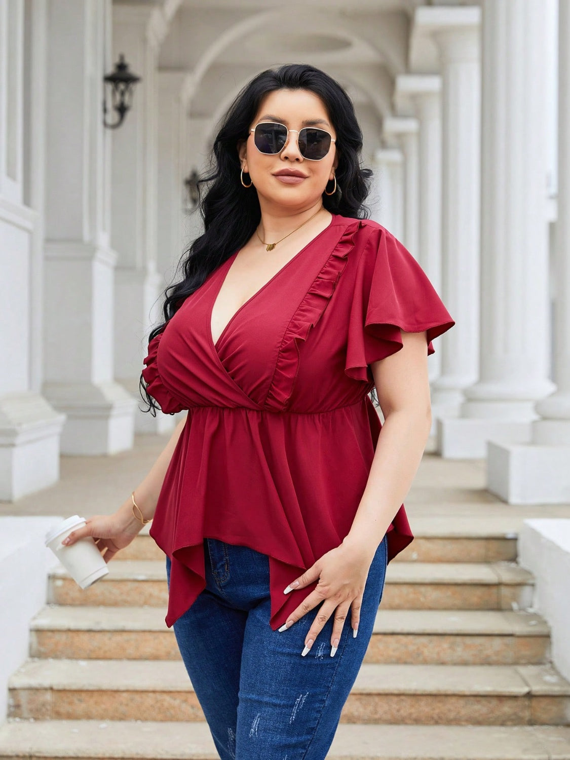 Plus Size Frill Surplice Flutter Sleeve Blouse nicholesgifts