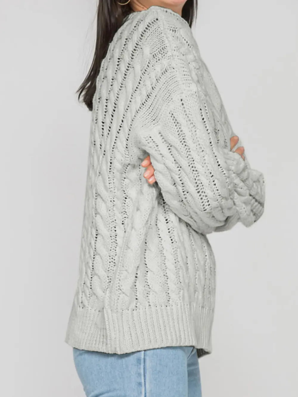 Openwork Round Sleeve Cable-Knit Sweater Trendsi