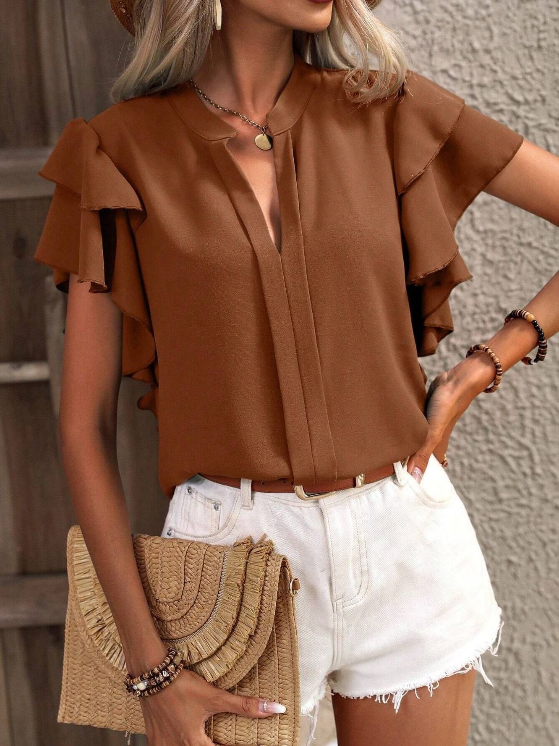 Ruffled Notched Short Sleeve Blouse nicholesgifts