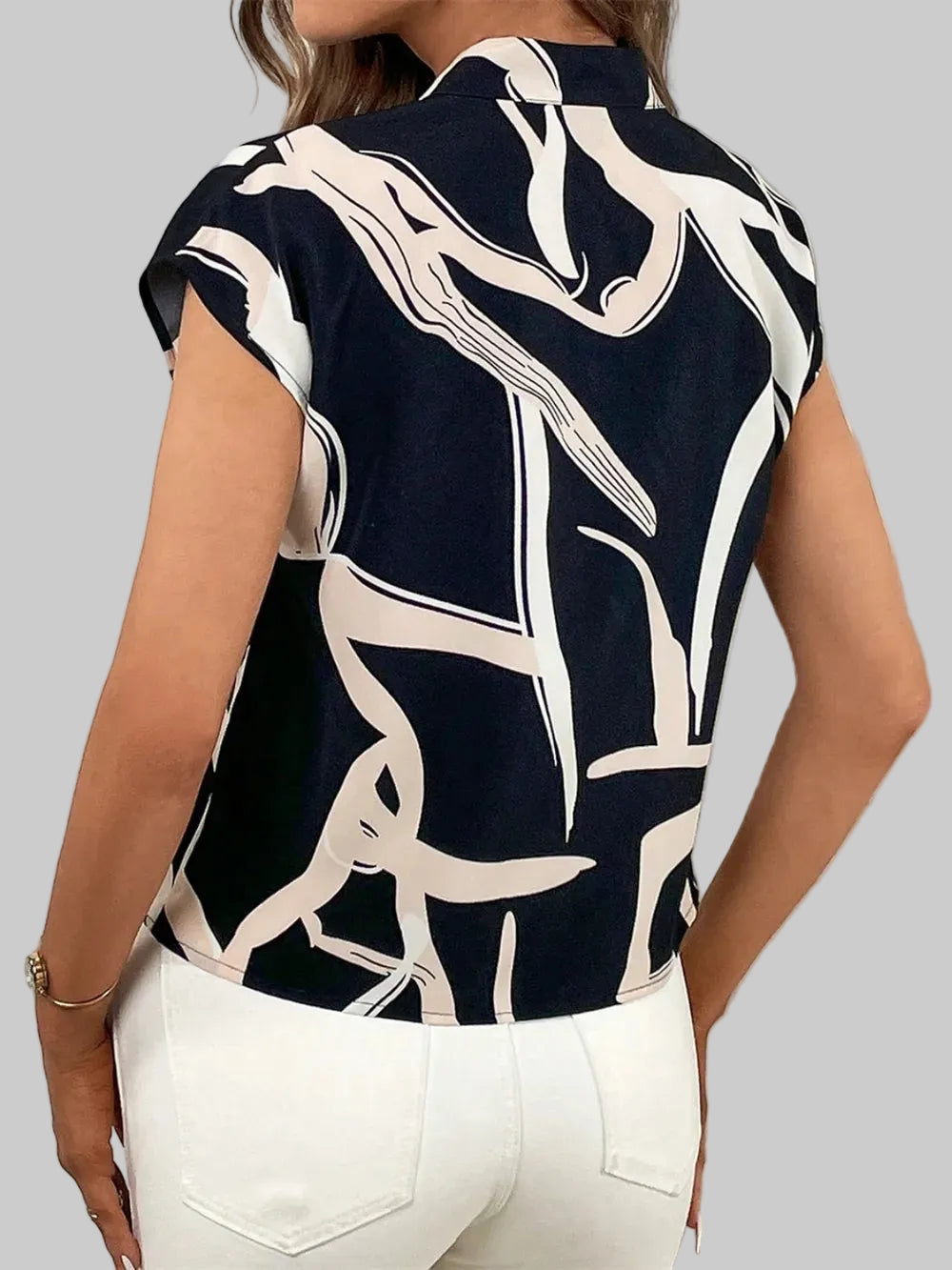 Printed Tie Neck Cap Sleeve Blouse nicholesgifts