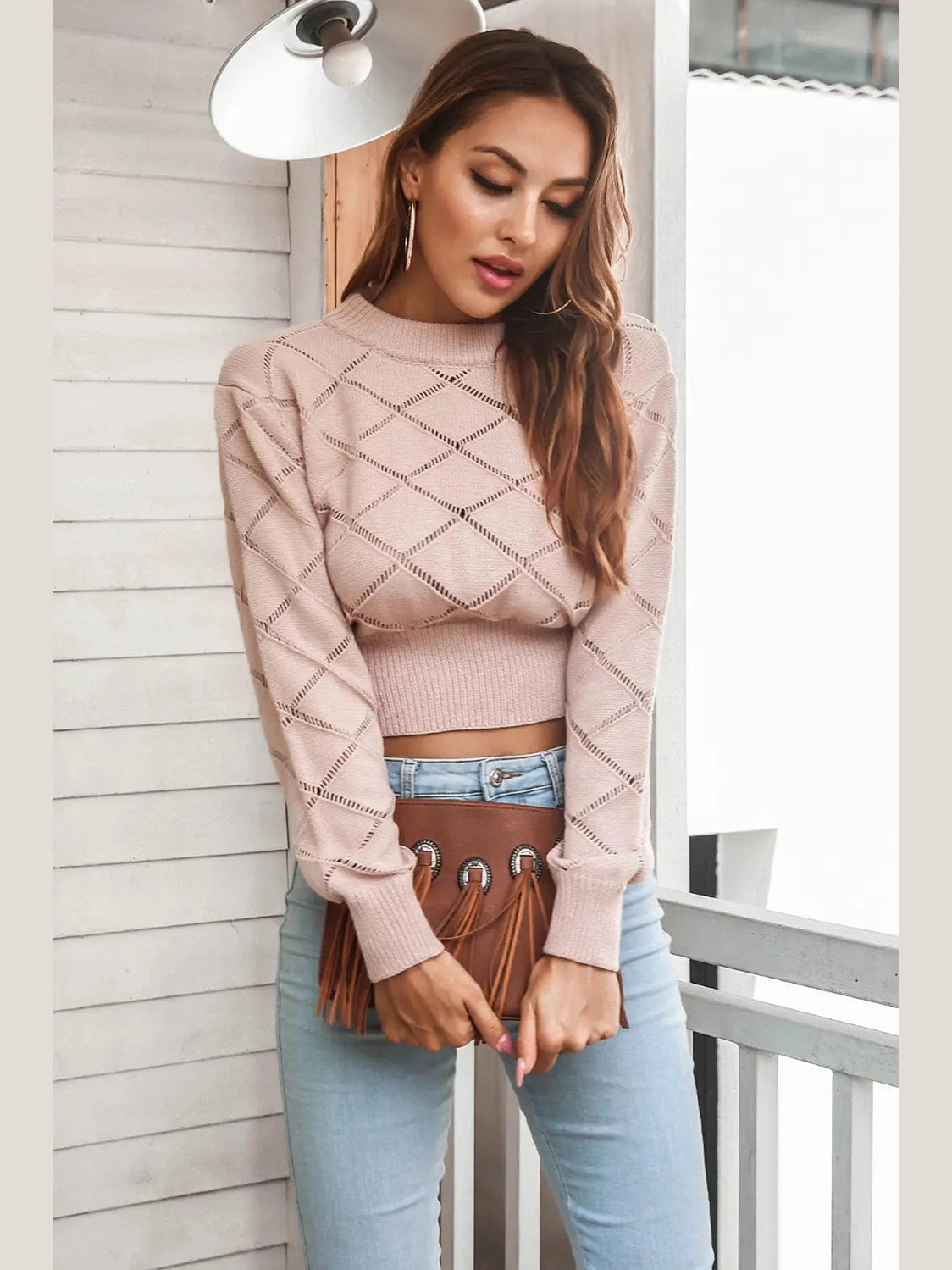 Openwork Plaid Round Neck Cropped Sweater Trendsi