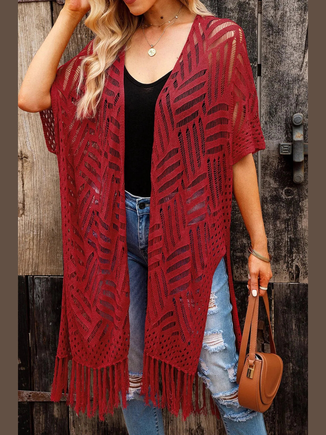 Openwork Open Front Cardigan with Fringes nicholesgifts