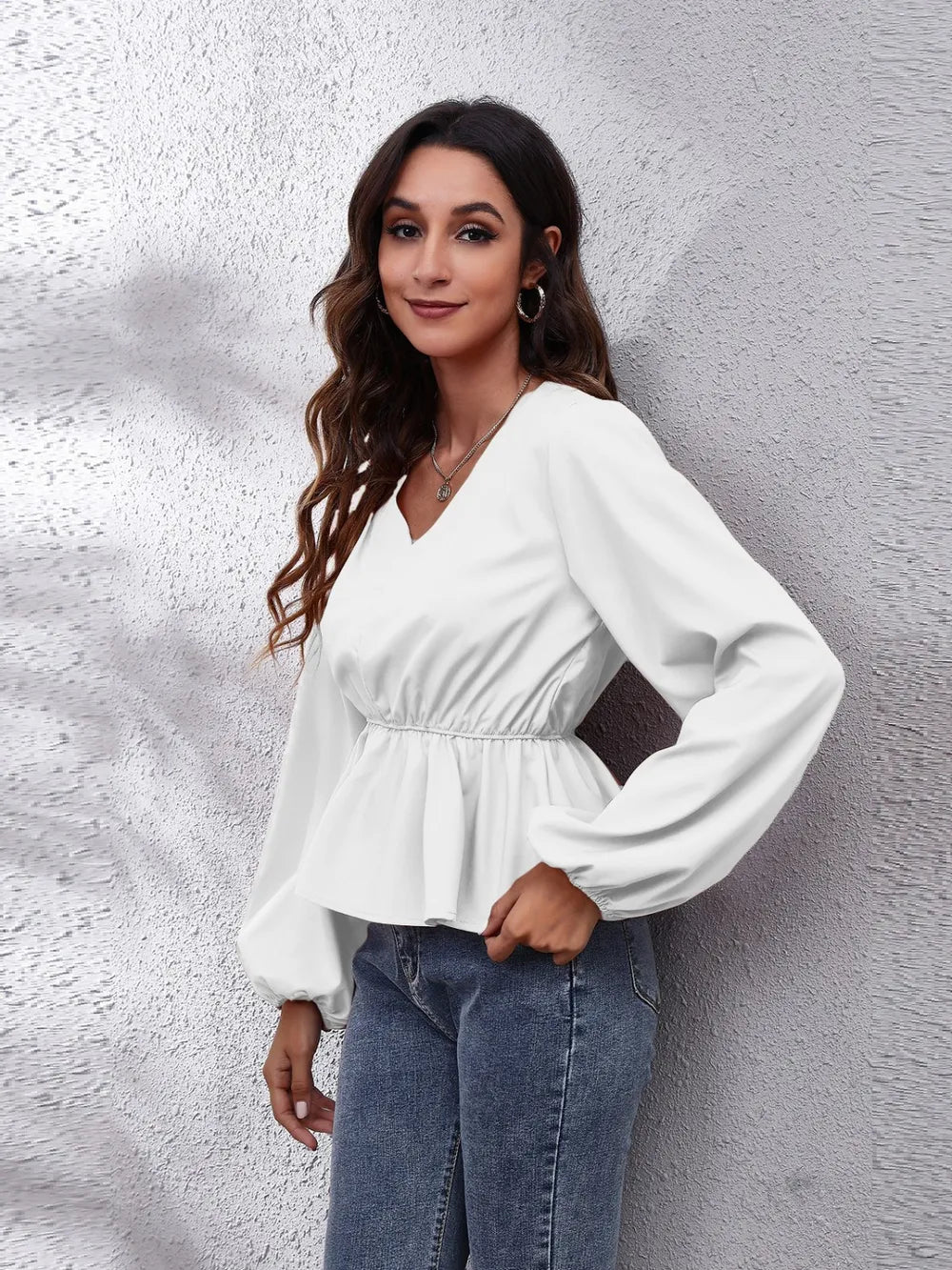 V-Neck Balloon Sleeve Peplum Blouse nicholesgifts