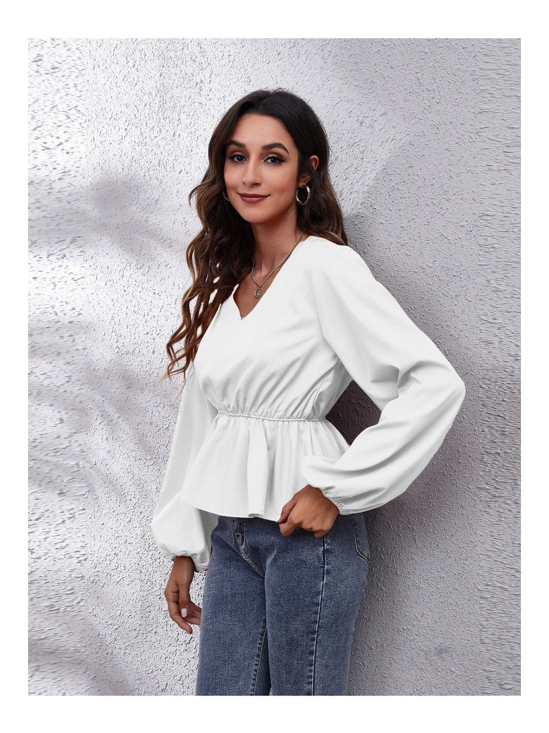 Women V-Neck Balloon Sleeve Peplum Blouse nicholesgifts