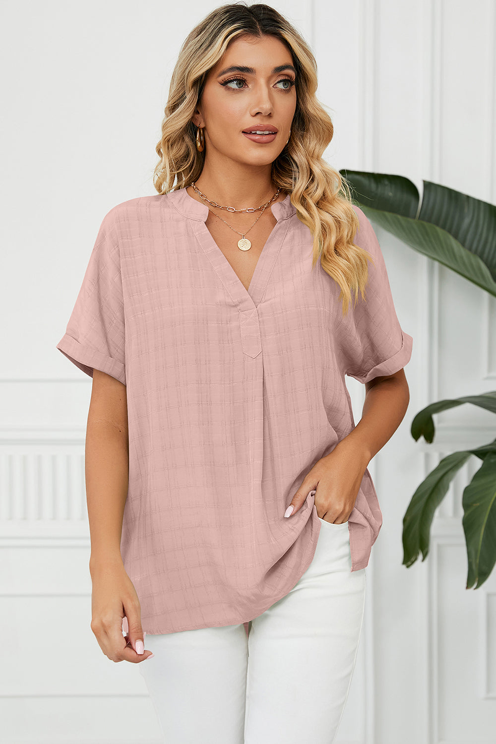 Women Ruched Notched Short Sleeve Blouse nicholesgifts