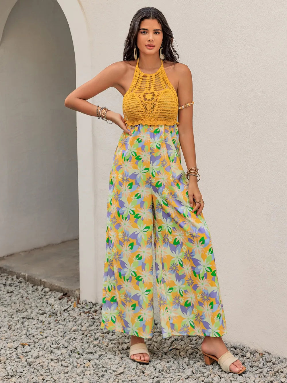 Openwork Halter Neck Floral Wide Leg Jumpsuit nicholesgifts