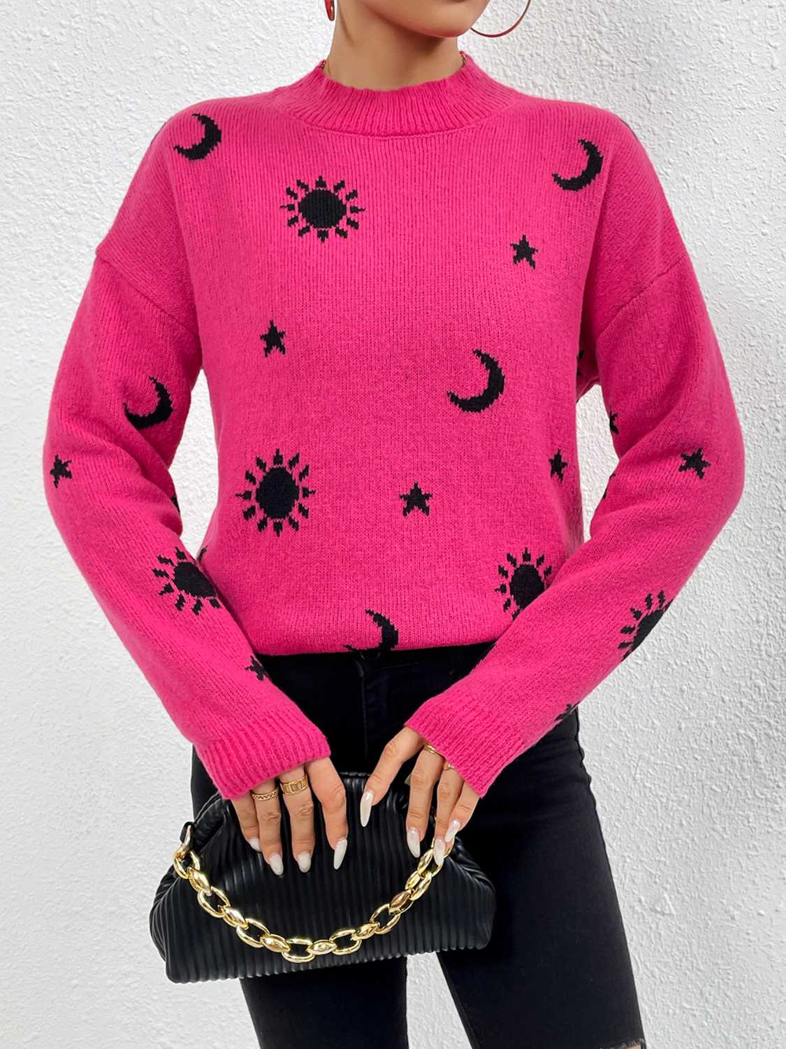 Patterned Drop Shoulder Sweater Trendsi