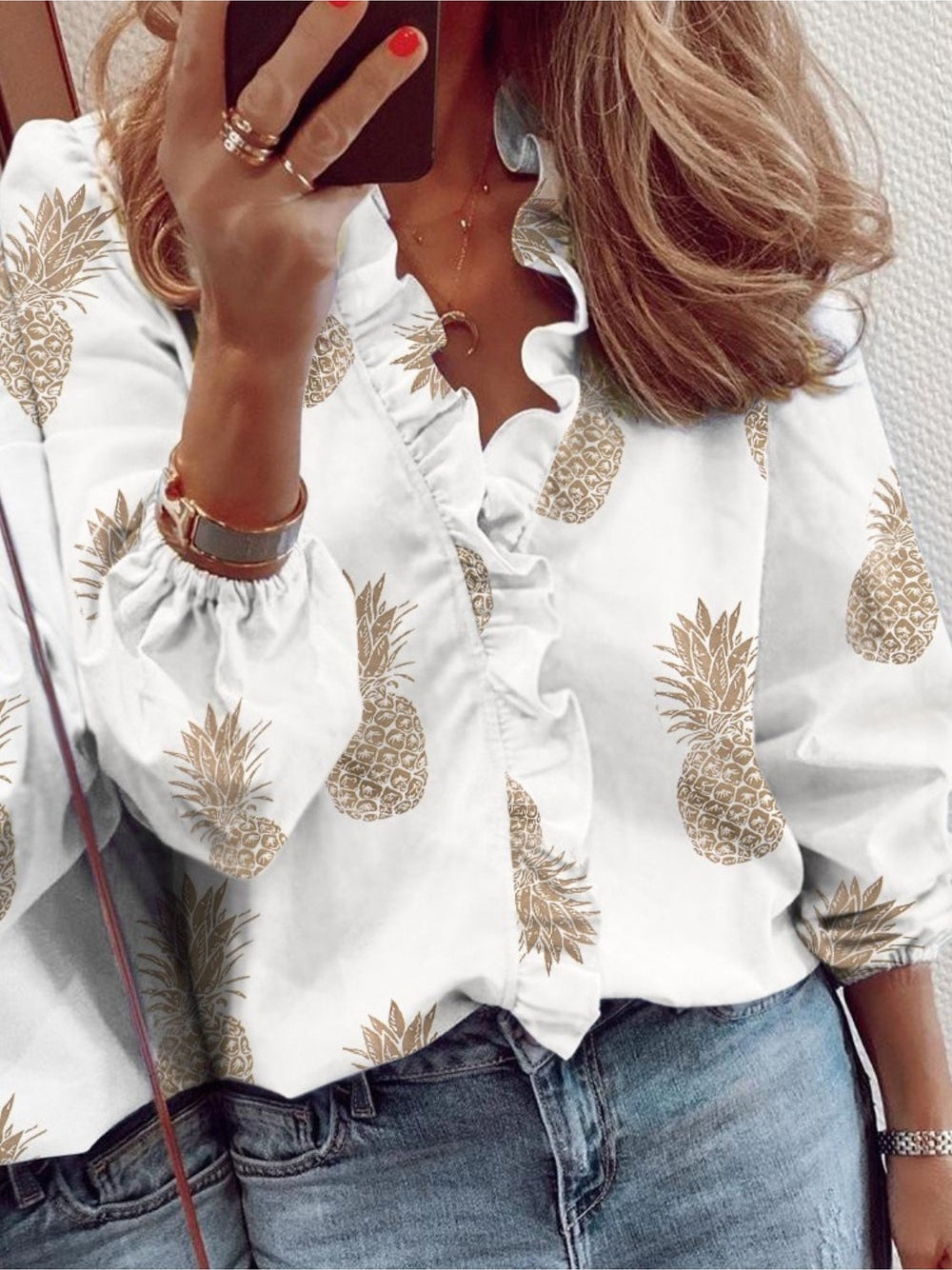 Women Ruffled Printed V-Neck Long Sleeve Blouse nicholesgifts