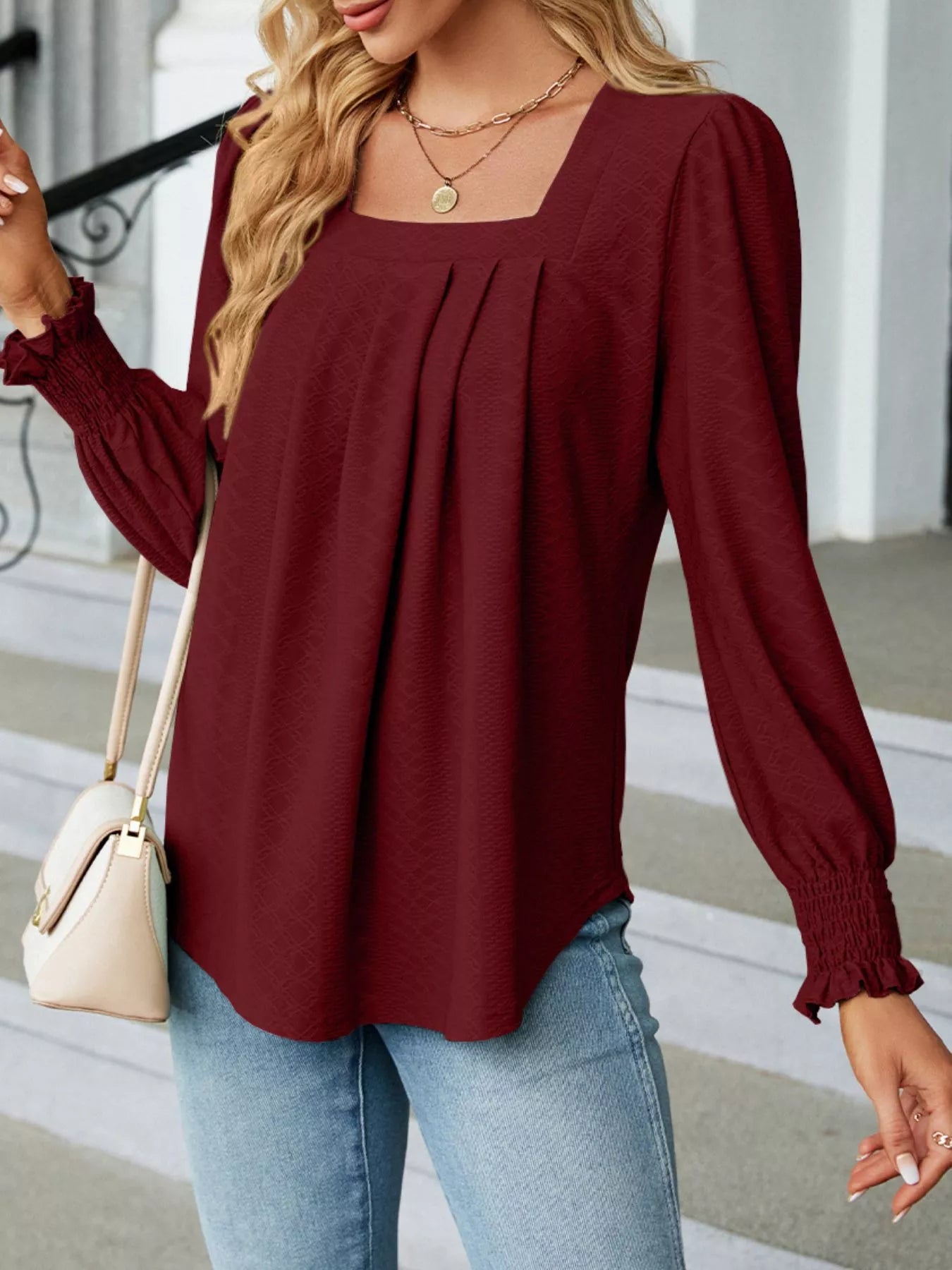 Pleated Square Neck Long Sleeve Top Trendsi
