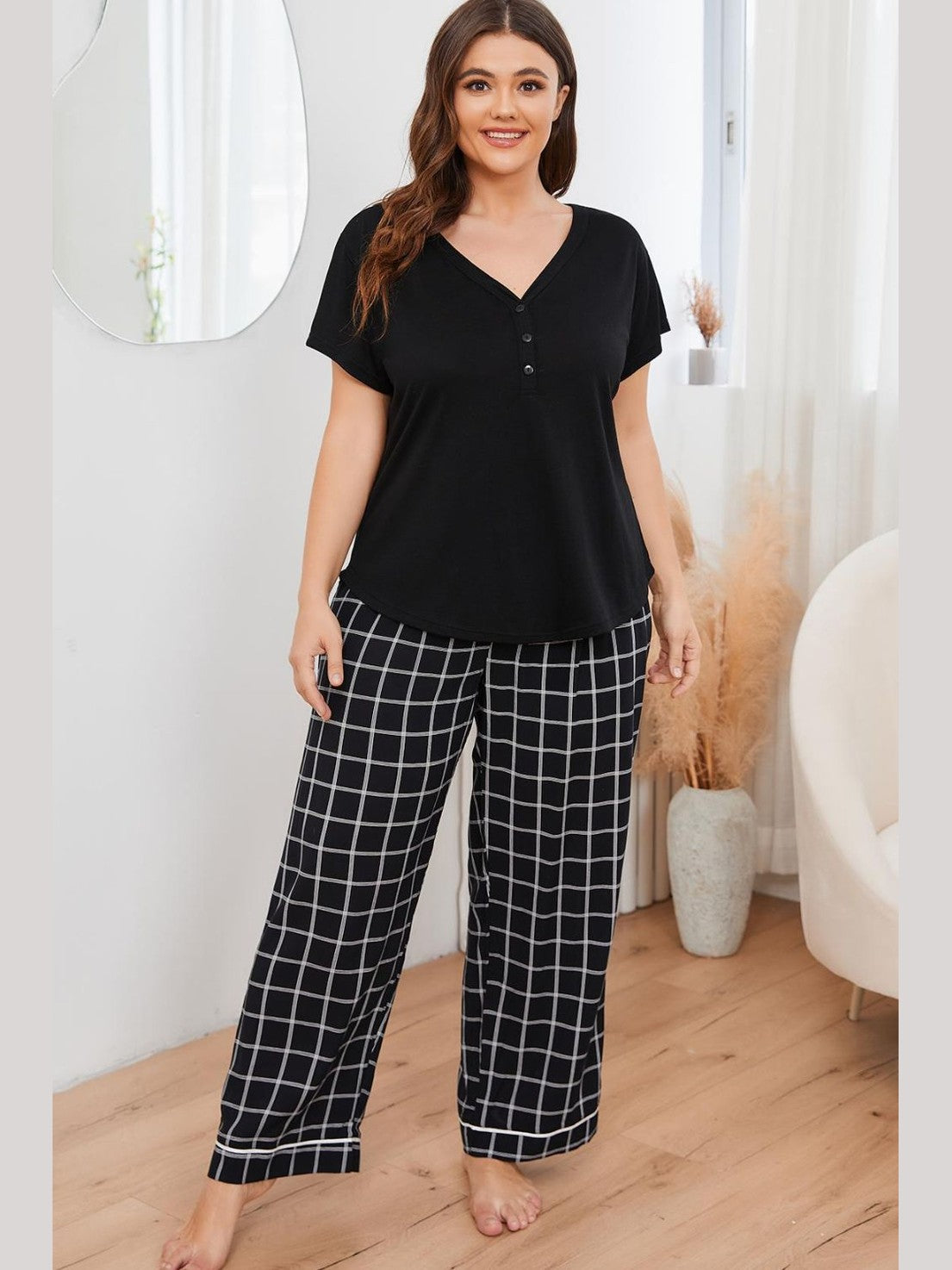 Plus Size V-Neck Top and Plaid Pants Lounge Set nicholesgifts