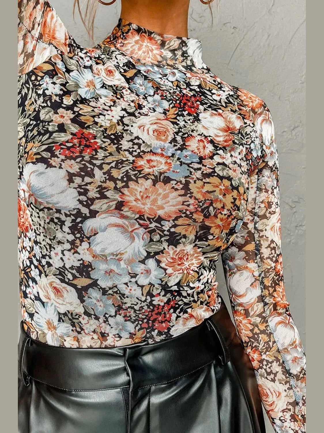 Floral Mock Neck Long Sleeve Top